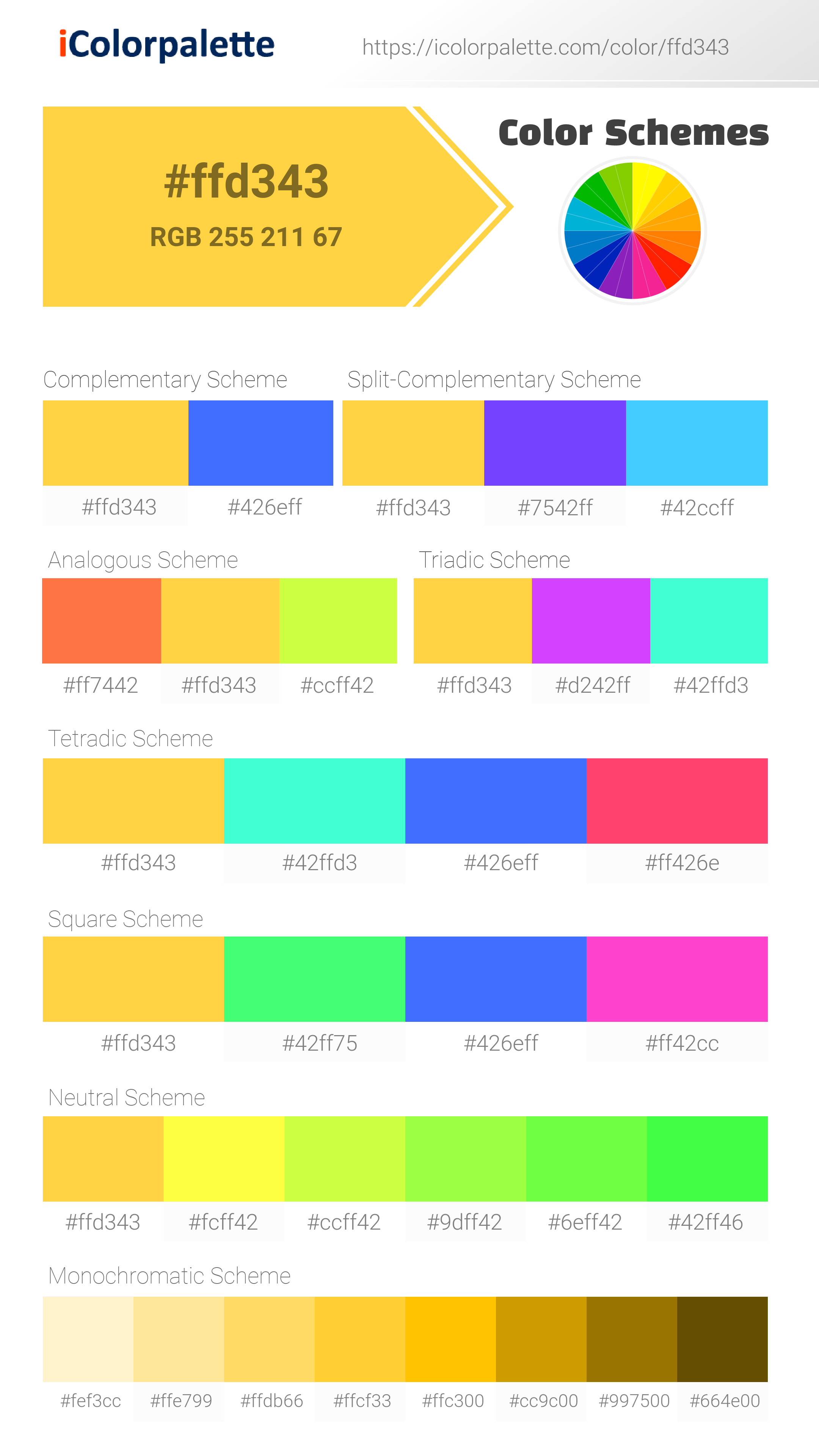 A gigantic list of yellow shades with examples, html and RGB codes.