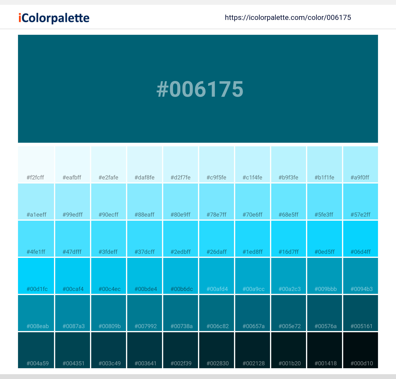 Explore a full range of light and dark shades for Pantone 19-4535 Tcx Ocean Depths Color | Hex color Code #006175. Perfect for finding the exact tint or tone for your artwork or UI design. #colorshades #colorinspiration #webdesign #006175