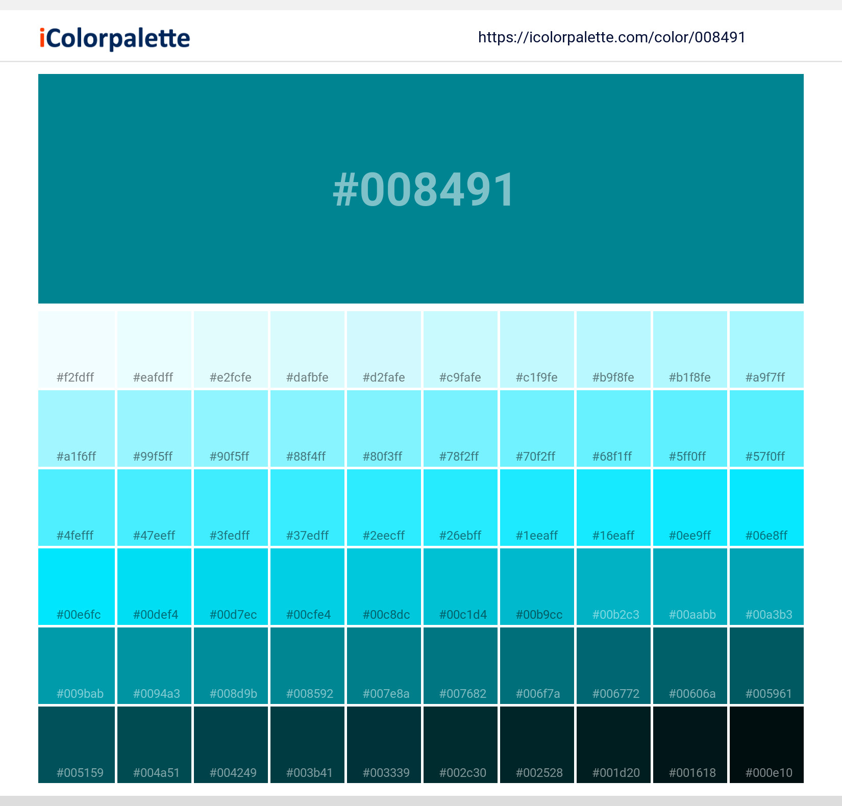 Explore a full range of light and dark shades for Pantone 18-4735 Tcx Tile Blue Color | Hex color Code #008491. Perfect for finding the exact tint or tone for your artwork or UI design. #colorshades #colorinspiration #webdesign #008491