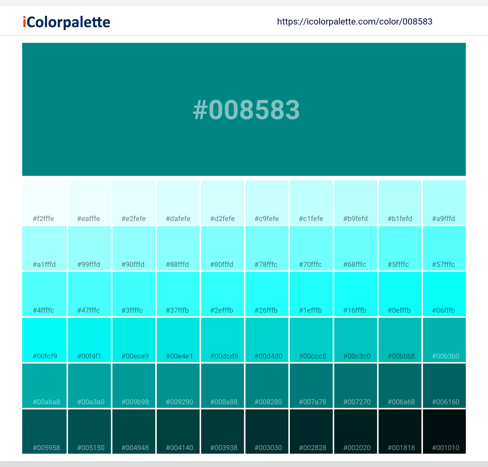 Hex Color #008583 — RGB, CMYK & HSL Color Values | iColorPalette