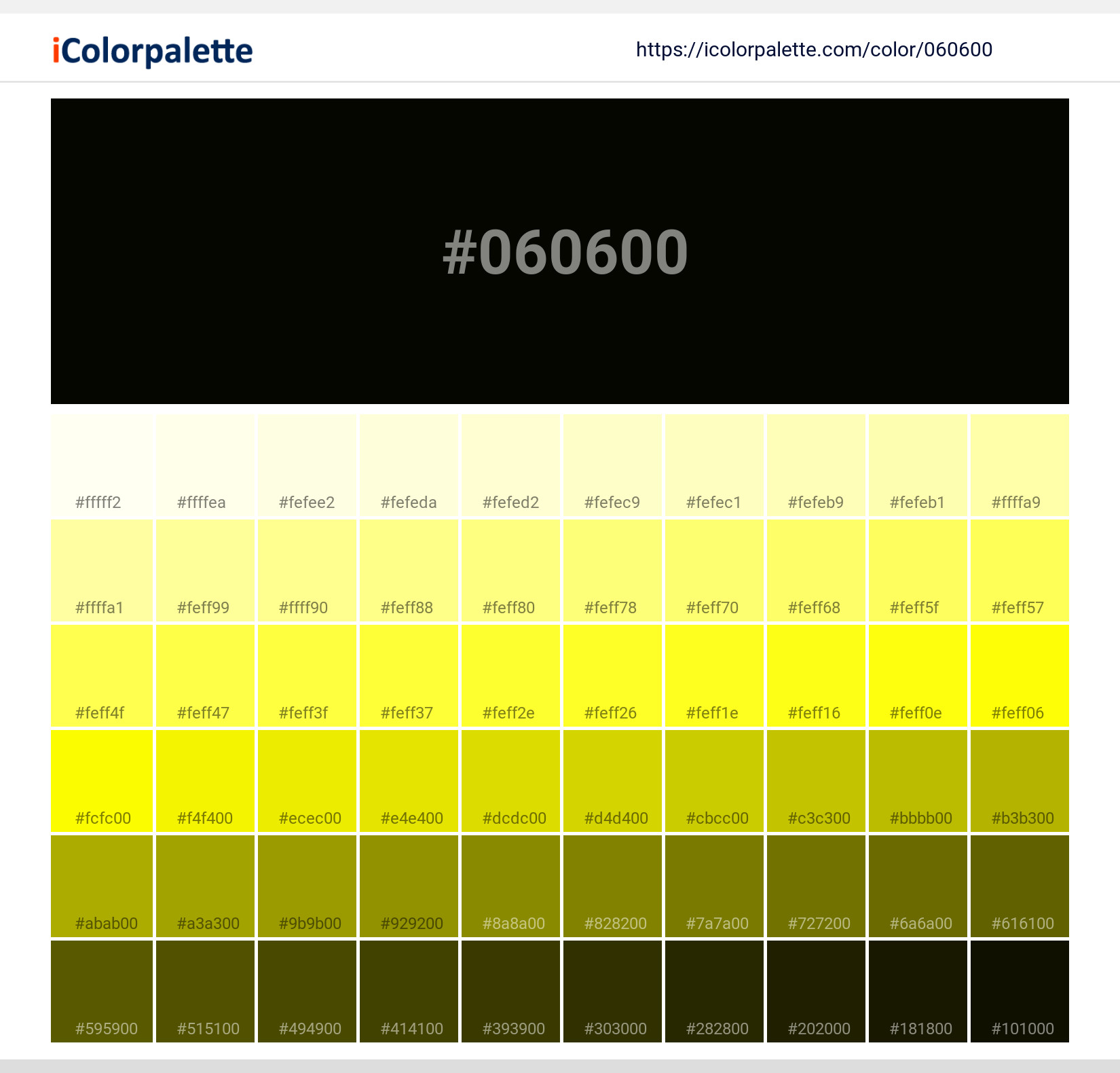 Explore a full range of light and dark shades for  Chinese Black (similar) Color | Hex 060600. Perfect for finding the exact tint or tone for your artwork or UI design. #colorshades #colorinspiration #webdesign #060600