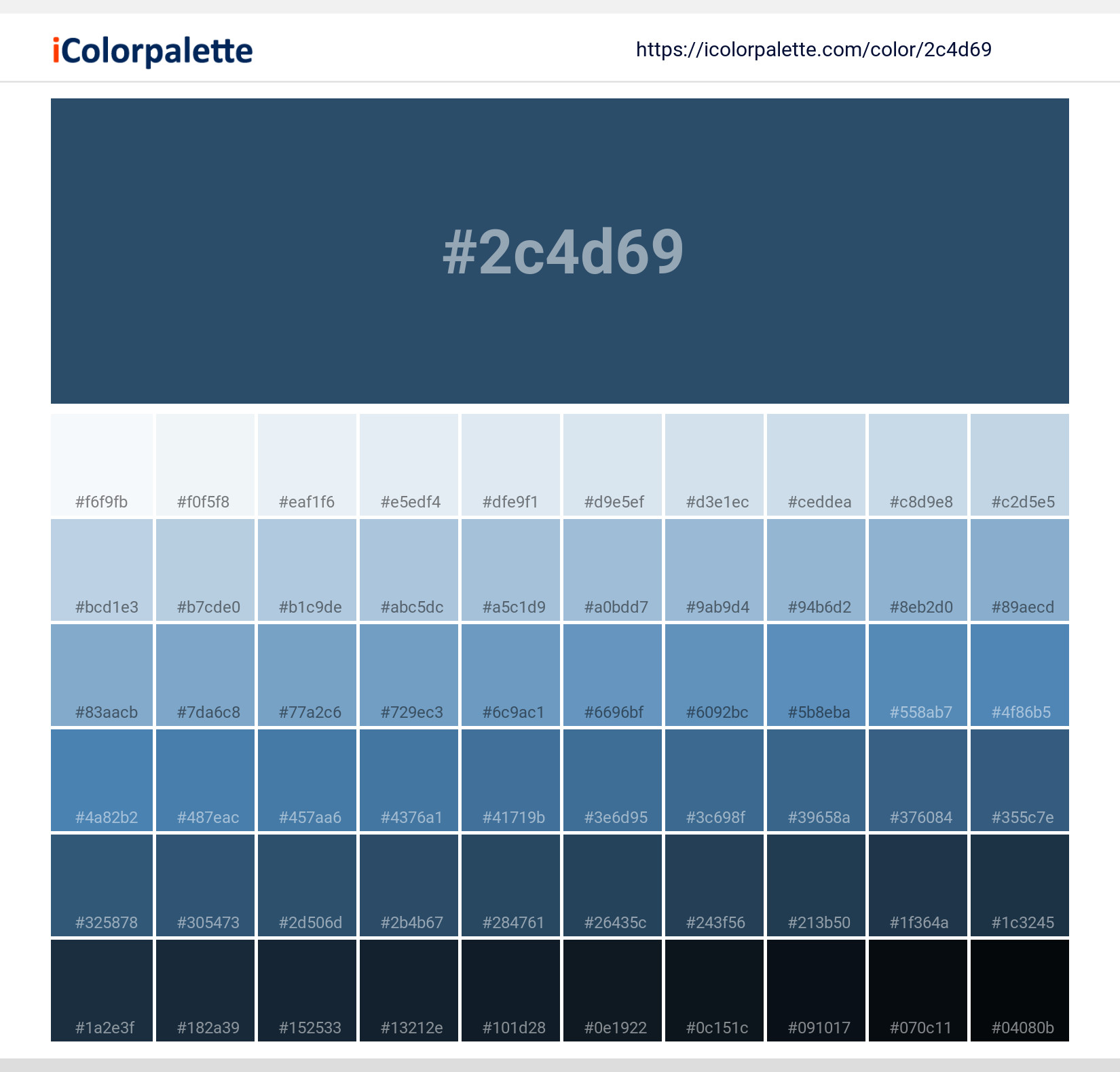 Explore a full range of light and dark shades for  Celestial Blue Color | Hex 2c4d69. Perfect for finding the exact tint or tone for your artwork or UI design. #colorshades #colorinspiration #webdesign #2c4d69
