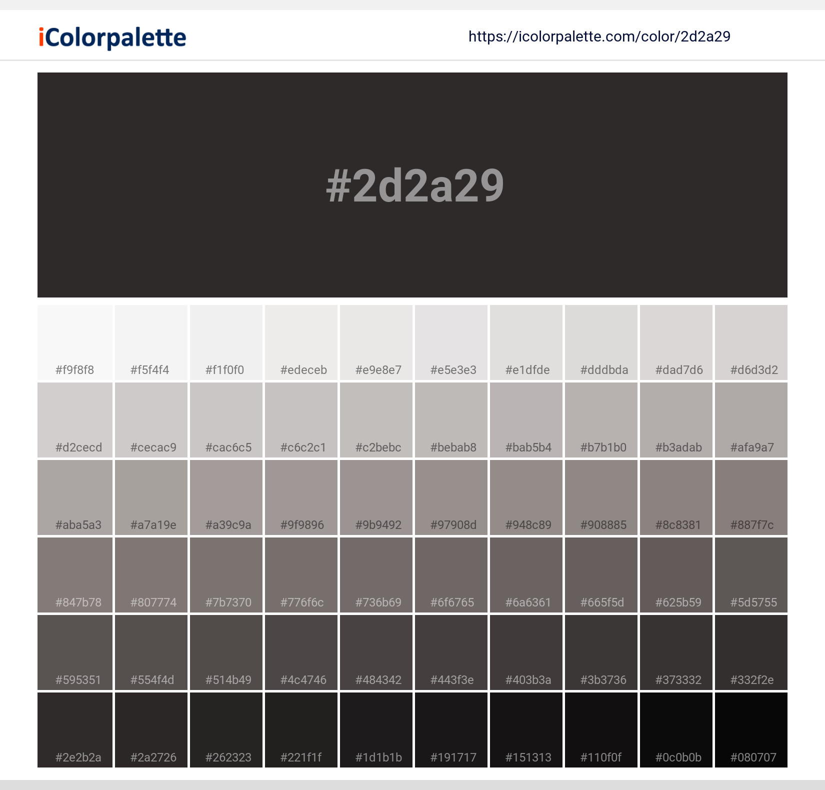 Explore a full range of light and dark shades for Pantone P 179-16 C Color | Hex color Code #2d2a29. Perfect for finding the exact tint or tone for your artwork or UI design. #colorshades #colorinspiration #webdesign #2d2a29