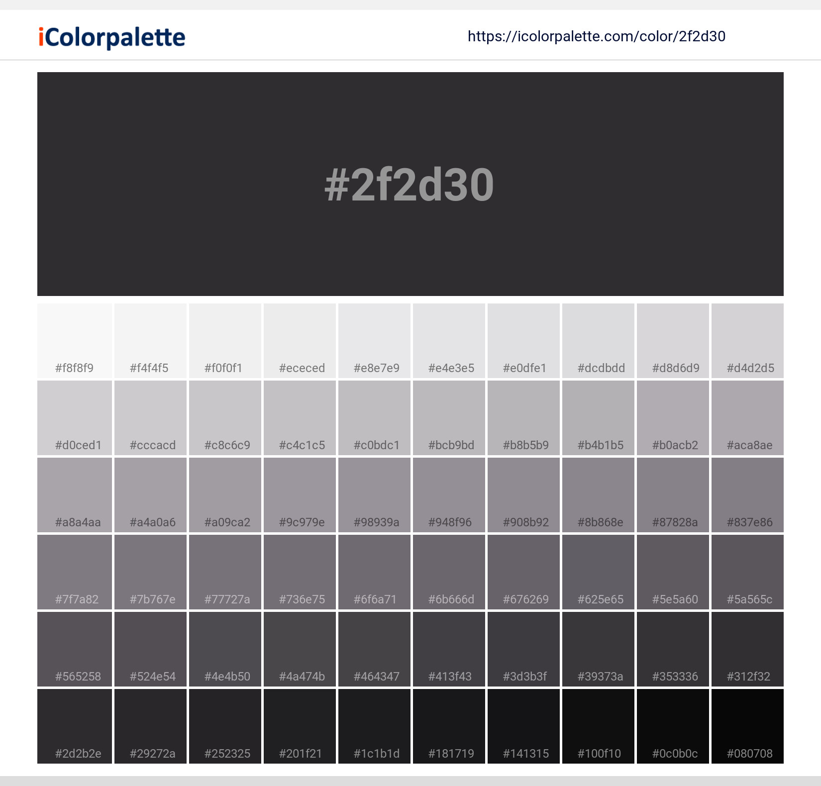 Explore a full range of light and dark shades for Pantone 19-4203 Tcx Moonless Night Color | Hex color Code #2f2d30. Perfect for finding the exact tint or tone for your artwork or UI design. #colorshades #colorinspiration #webdesign #2f2d30