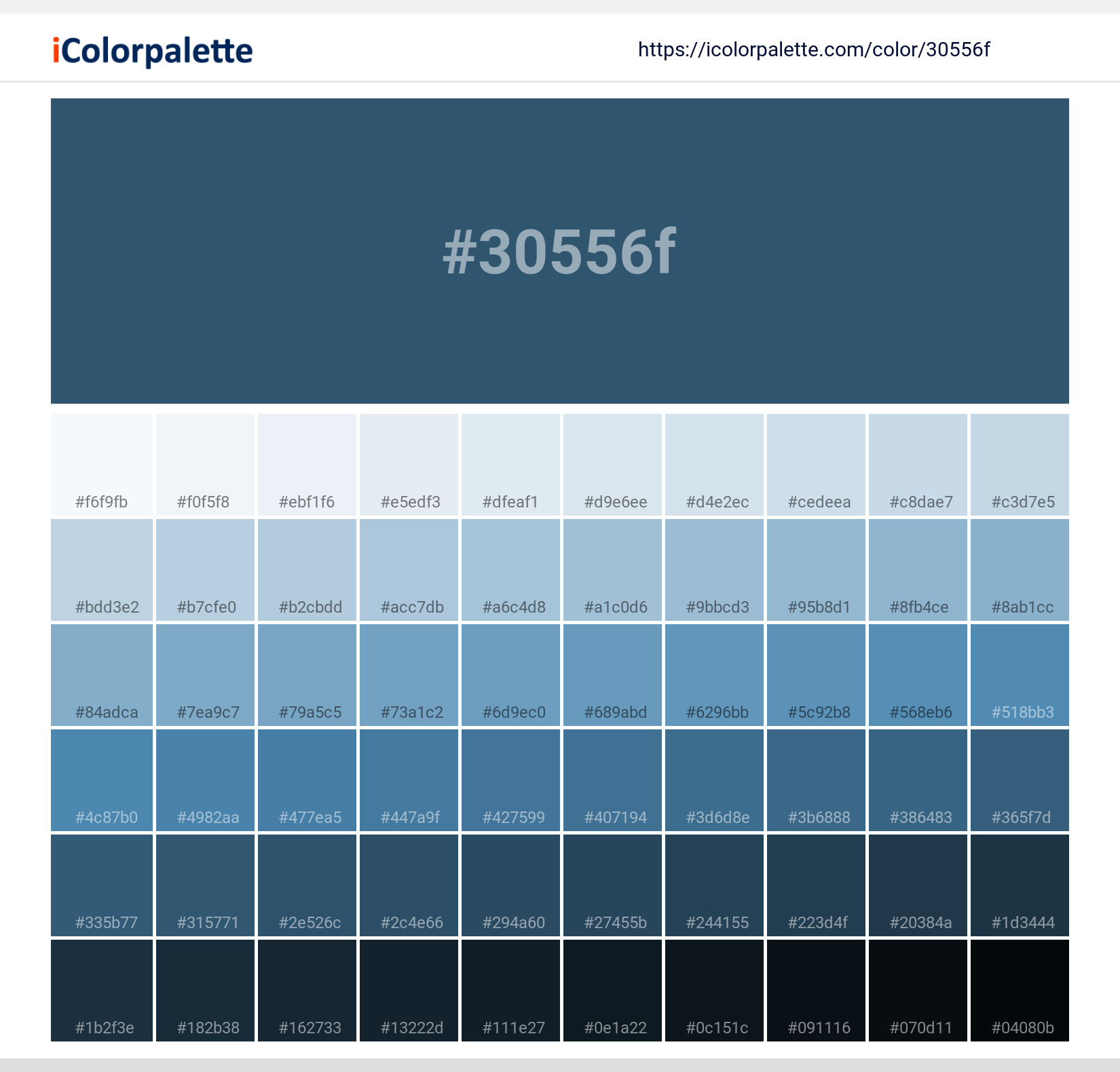 Explore a full range of light and dark shades for Pantone 8482 C Color | Hex color Code #30556f. Perfect for finding the exact tint or tone for your artwork or UI design. #colorshades #colorinspiration #webdesign #30556f