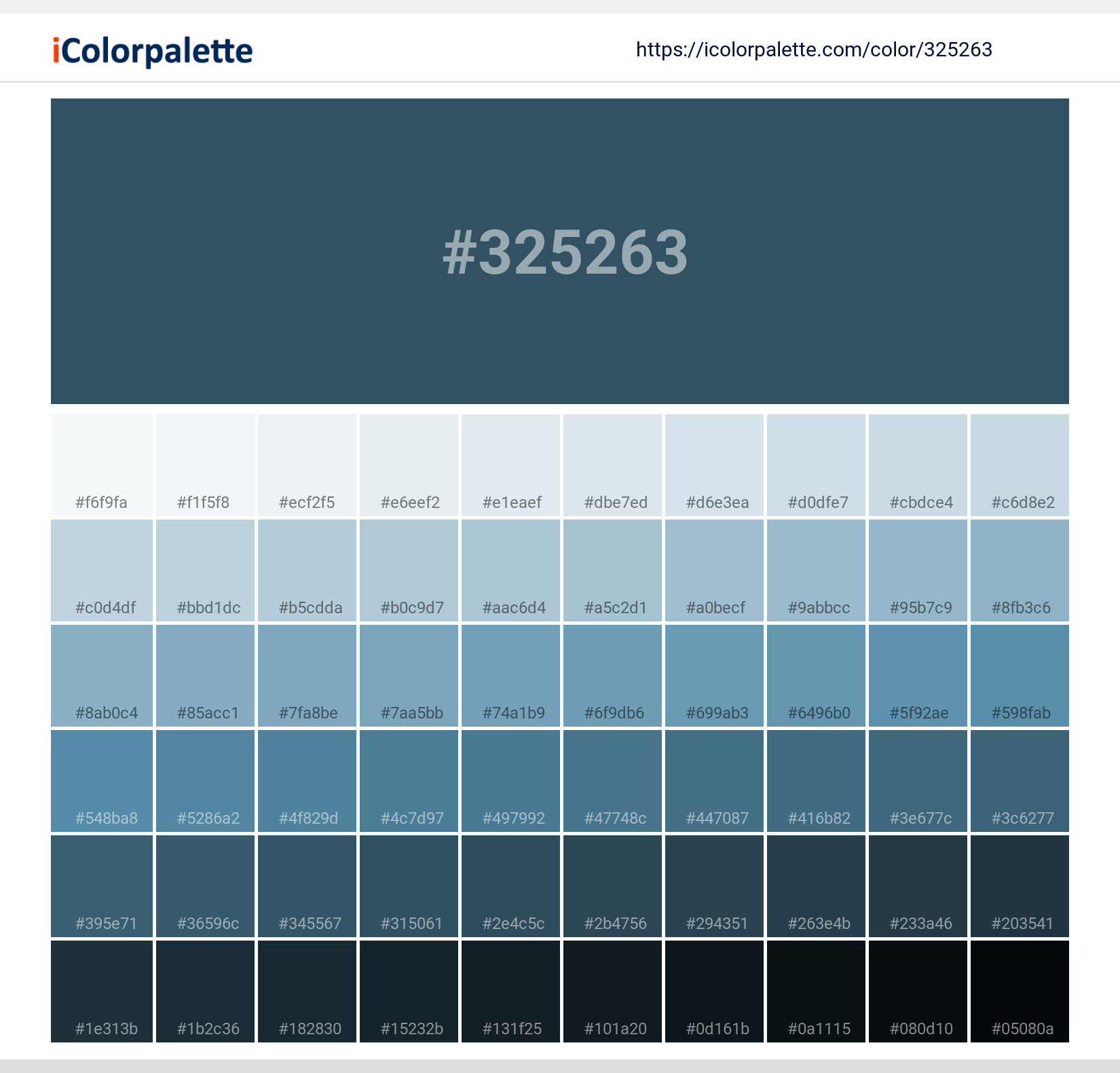 Explore a full range of light and dark shades for  Wentworth (similar) Color | Hex 325263. Perfect for finding the exact tint or tone for your artwork or UI design. #colorshades #colorinspiration #webdesign #325263