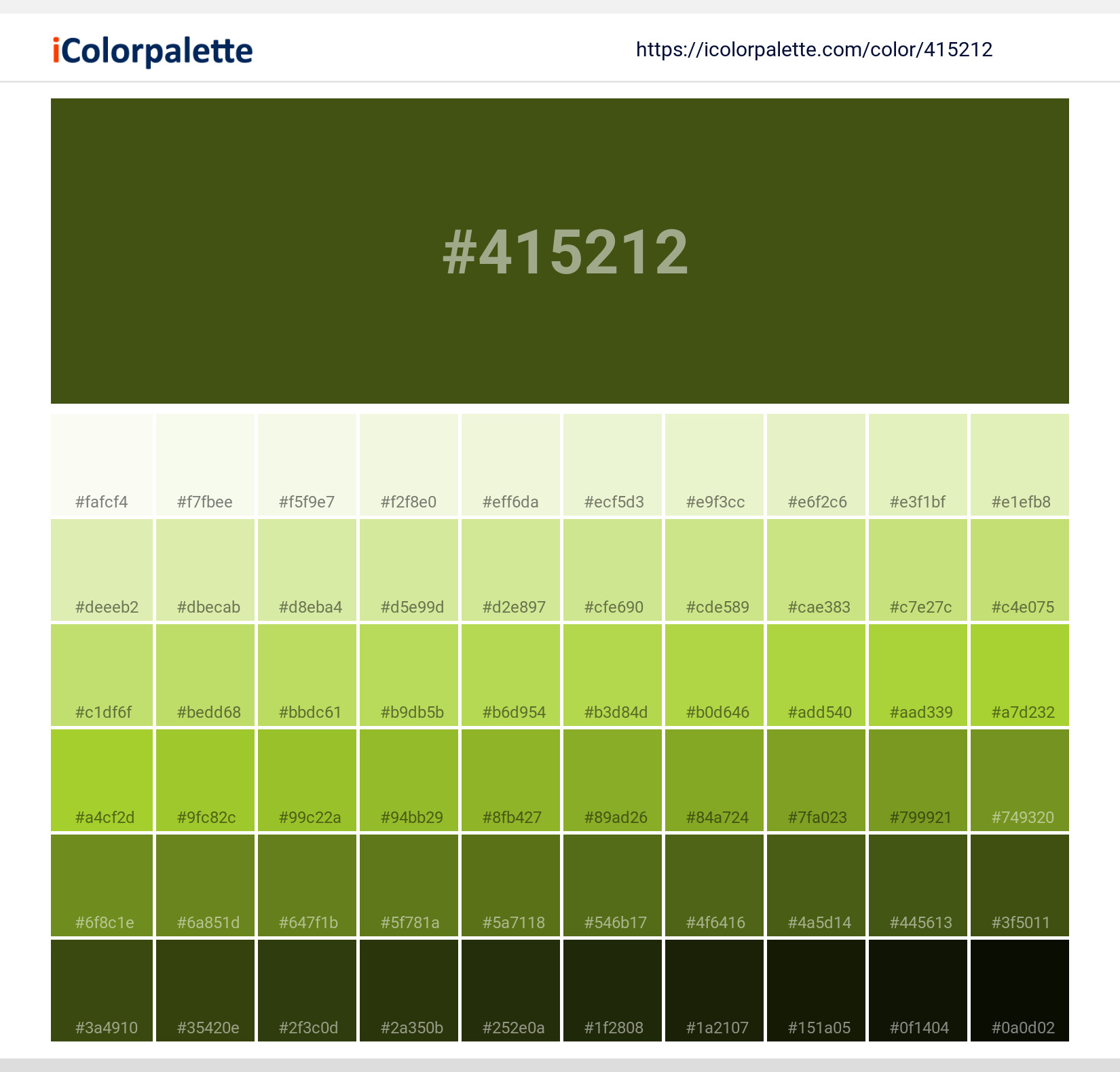 Explore a full range of light and dark shades for  Kyuri Green (similar) Color | Hex 415212. Perfect for finding the exact tint or tone for your artwork or UI design. #colorshades #colorinspiration #webdesign #415212