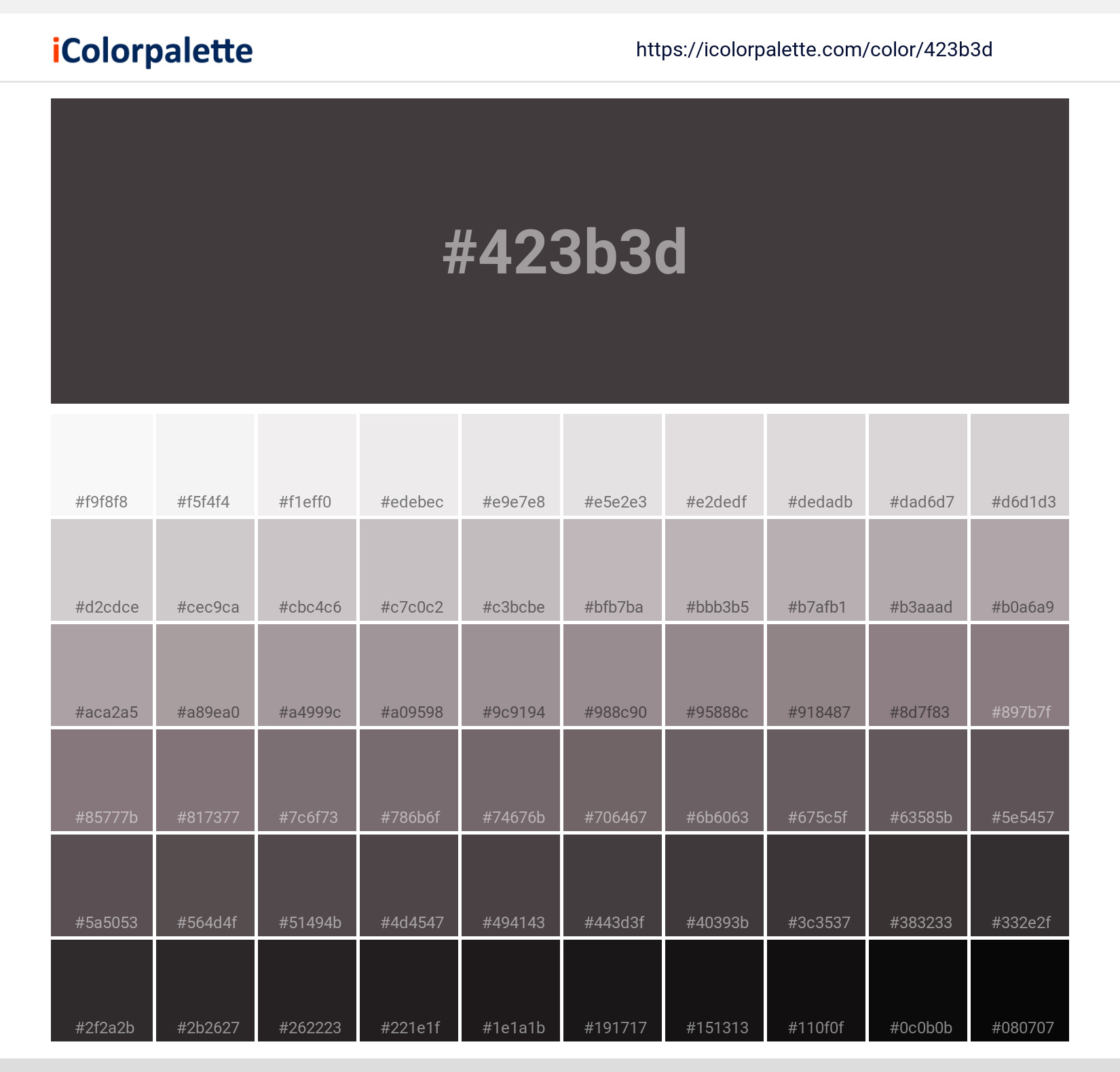 Explore a full range of light and dark shades for  Black Truffle (similar) Color | Hex 423b3d. Perfect for finding the exact tint or tone for your artwork or UI design. #colorshades #colorinspiration #webdesign #423b3d