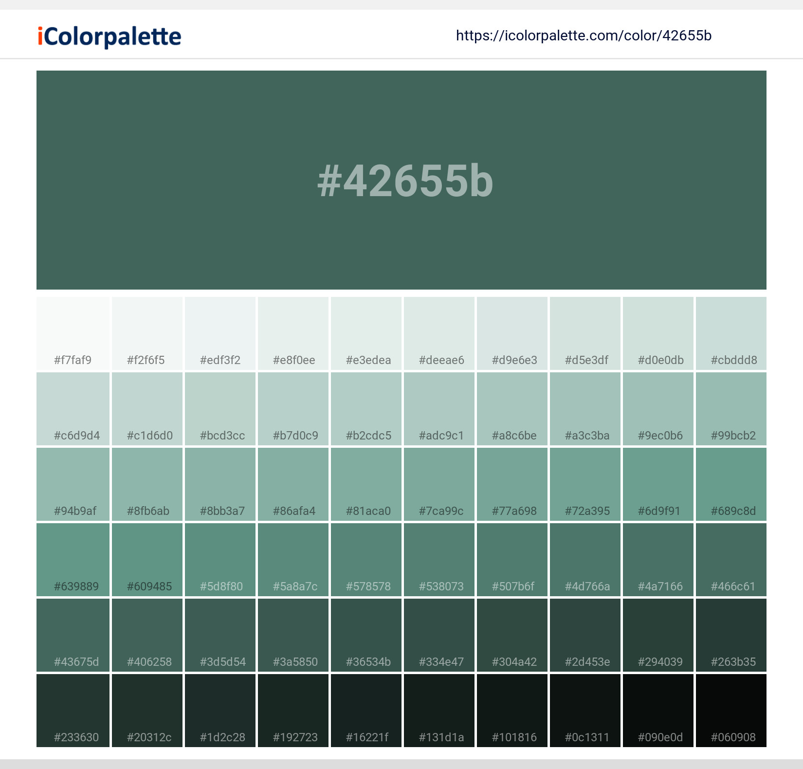 Explore a full range of light and dark shades for Pantone 18-5718 Tpx Smoke Pine Color | Hex color Code #42655b. Perfect for finding the exact tint or tone for your artwork or UI design. #colorshades #colorinspiration #webdesign #42655b