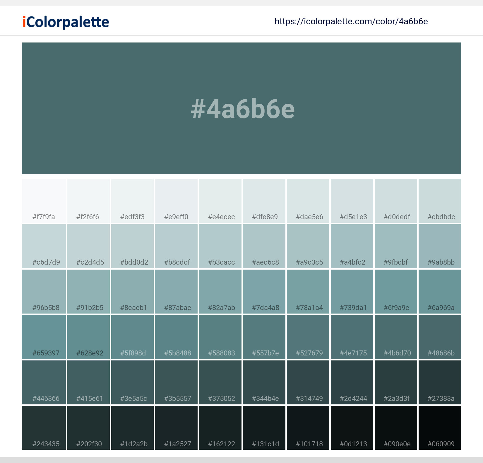 Explore a full range of light and dark shades for Pantone 7722 U Color | Hex color Code #4a6b6e. Perfect for finding the exact tint or tone for your artwork or UI design. #colorshades #colorinspiration #webdesign #4a6b6e