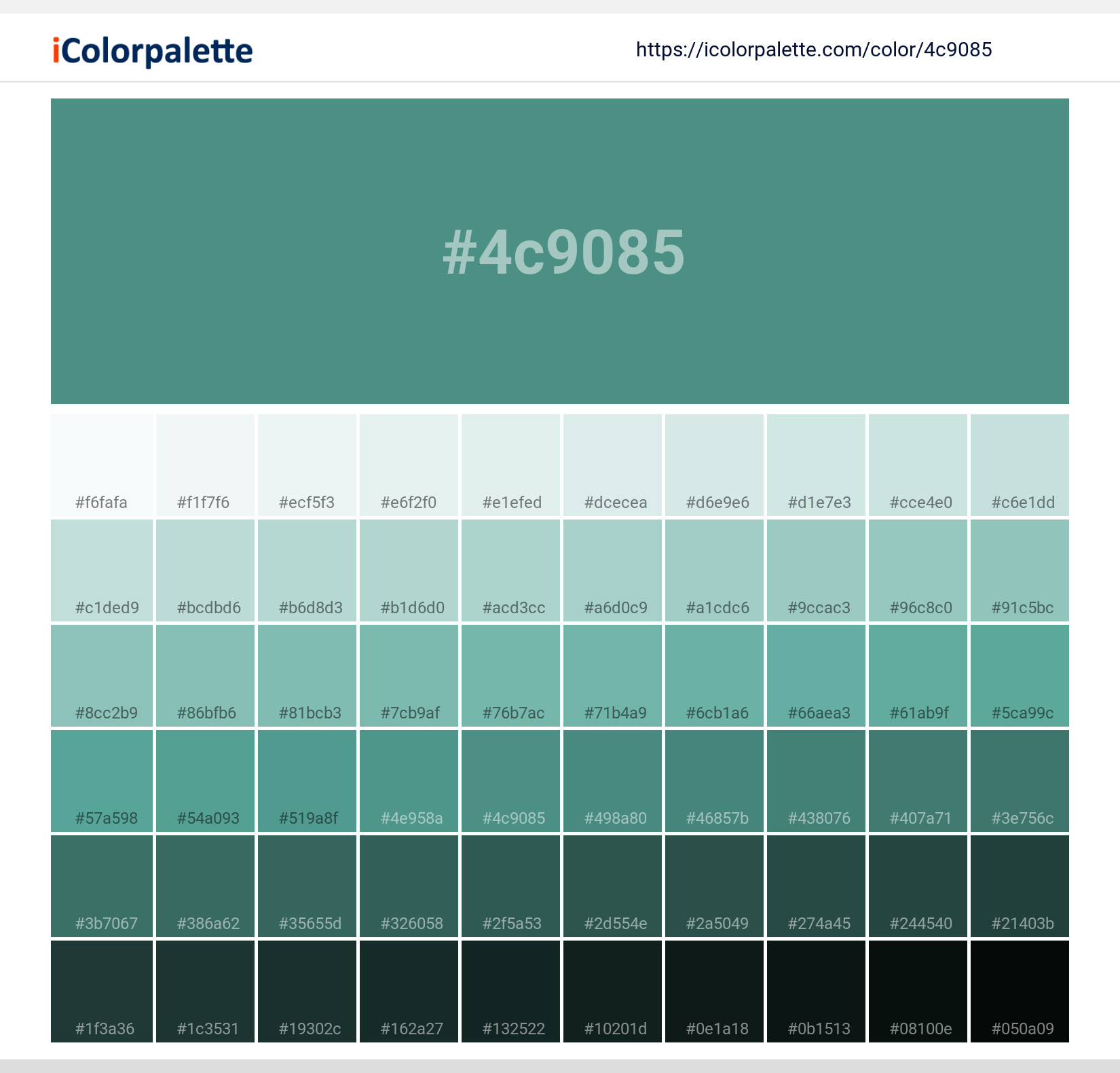 Shades XKCD Color dusty teal #4c9085 hex colors palette - ColorsWall