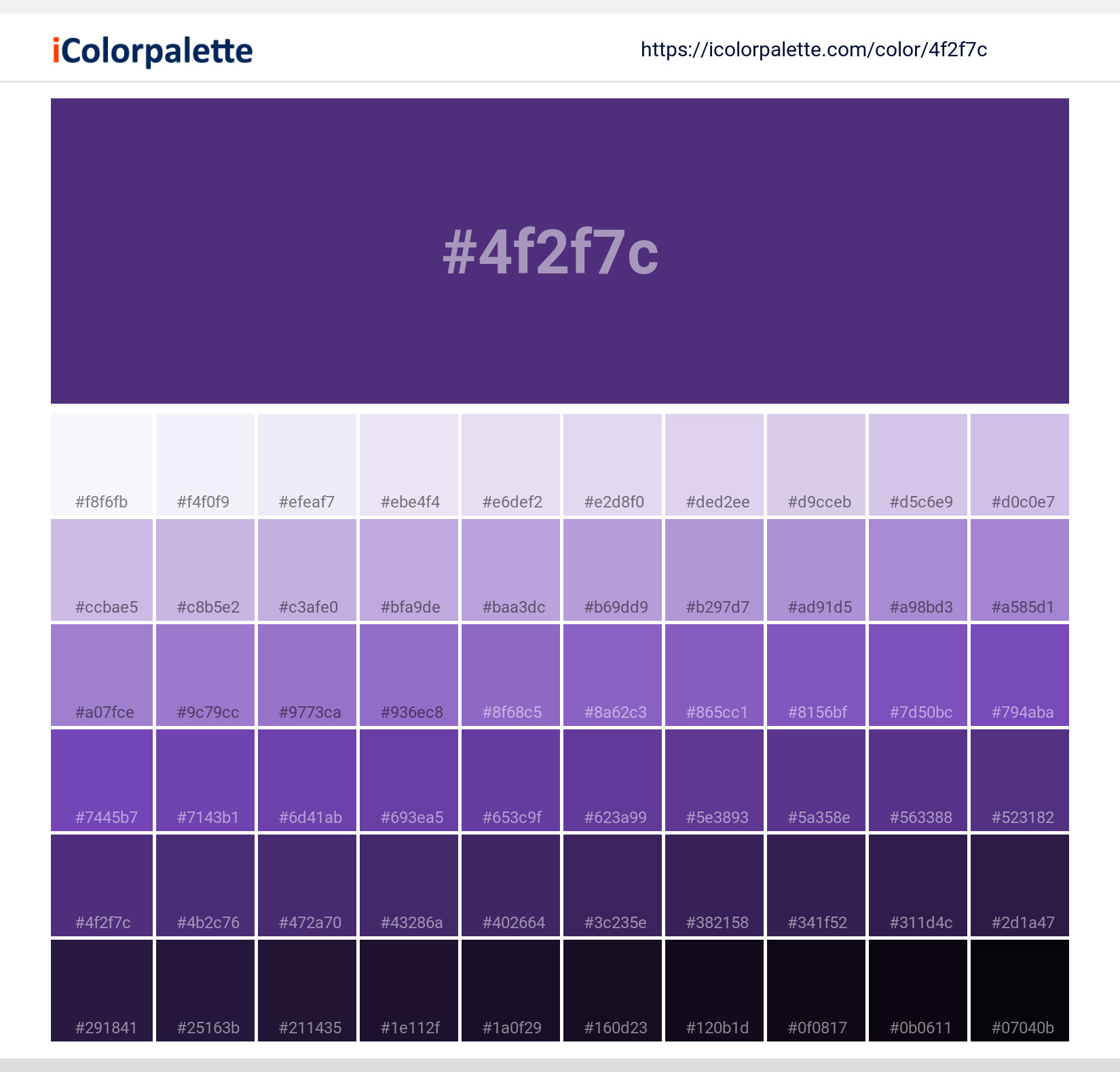 Explore a full range of light and dark shades for Pantone P 96-8 C Color | Hex color Code #4f2f7c. Perfect for finding the exact tint or tone for your artwork or UI design. #colorshades #colorinspiration #webdesign #4f2f7c