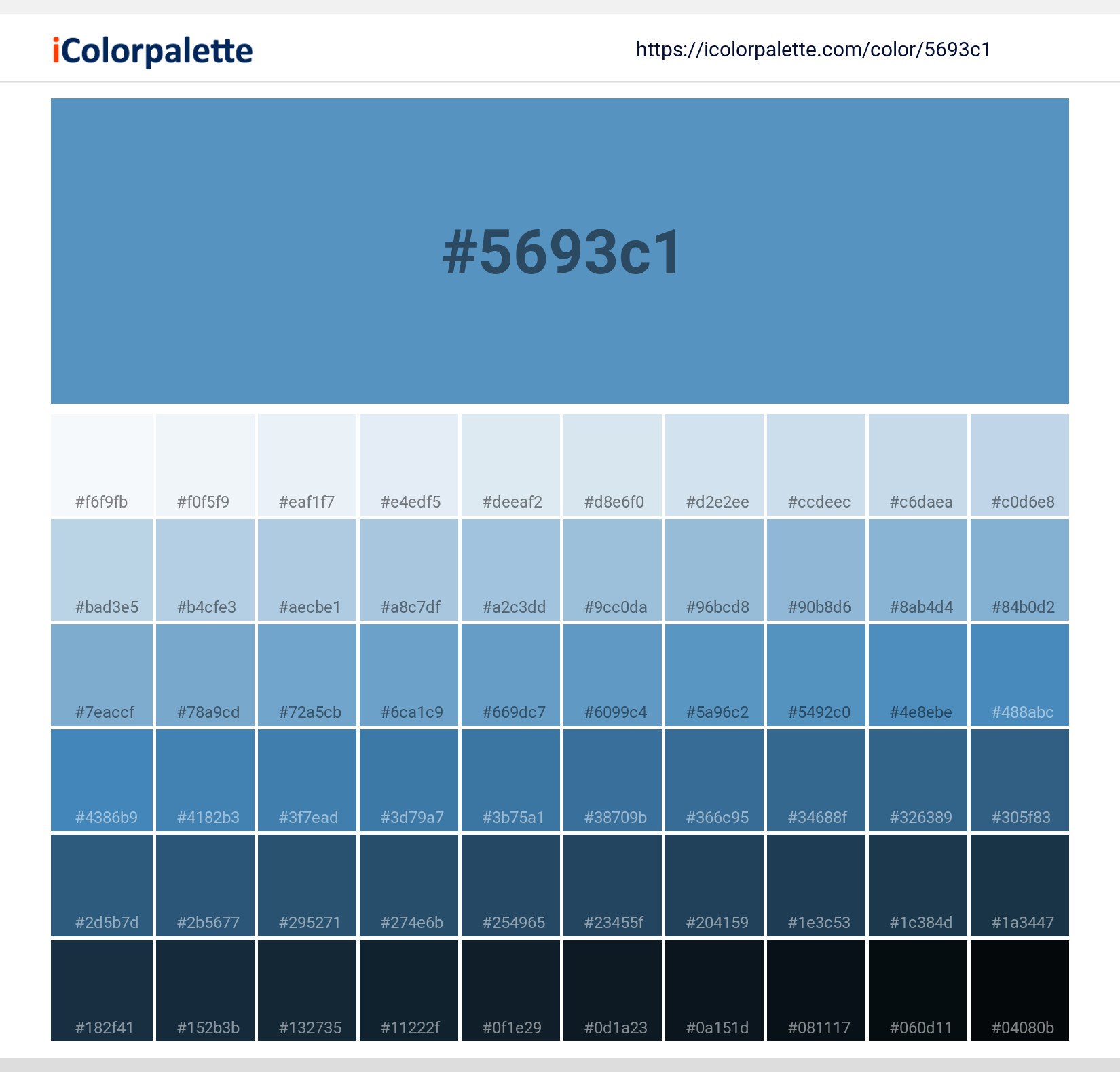 Explore a full range of light and dark shades for Pantone 7689 U Color | Hex color Code #5693c1. Perfect for finding the exact tint or tone for your artwork or UI design. #colorshades #colorinspiration #webdesign #5693c1