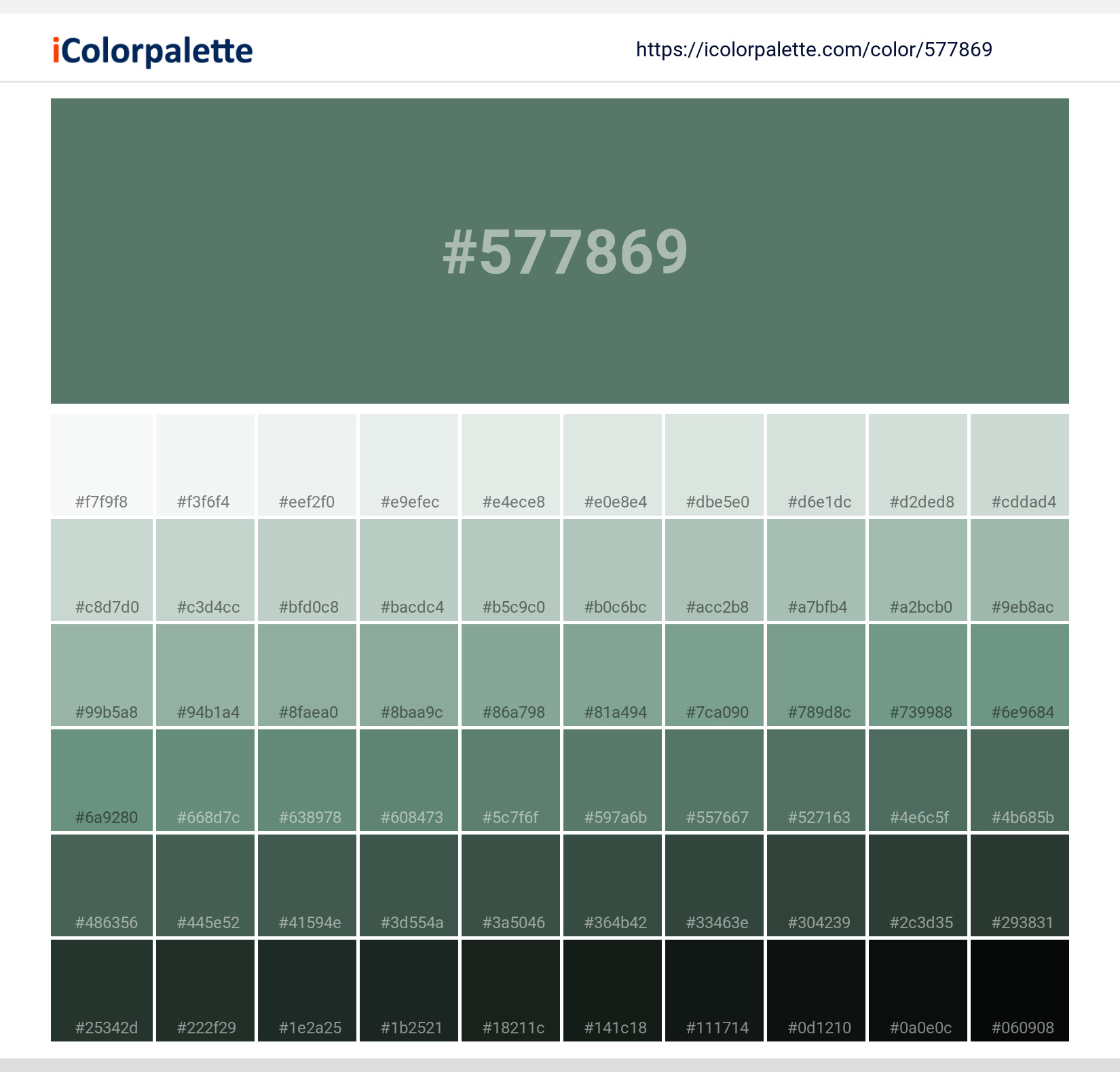 Explore a full range of light and dark shades for Pantone 8501 C Color | Hex color Code #577869. Perfect for finding the exact tint or tone for your artwork or UI design. #colorshades #colorinspiration #webdesign #577869