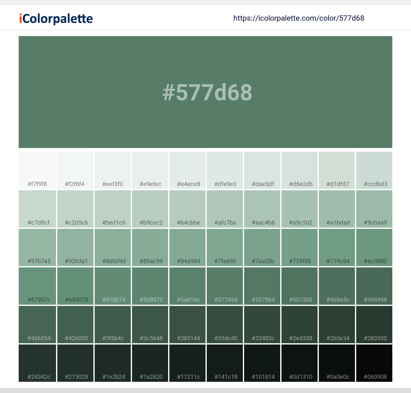Explore a full range of light and dark shades for Pantone P 135-13 U Color | Hex color Code #577d68. Perfect for finding the exact tint or tone for your artwork or UI design. #colorshades #colorinspiration #webdesign #577d68