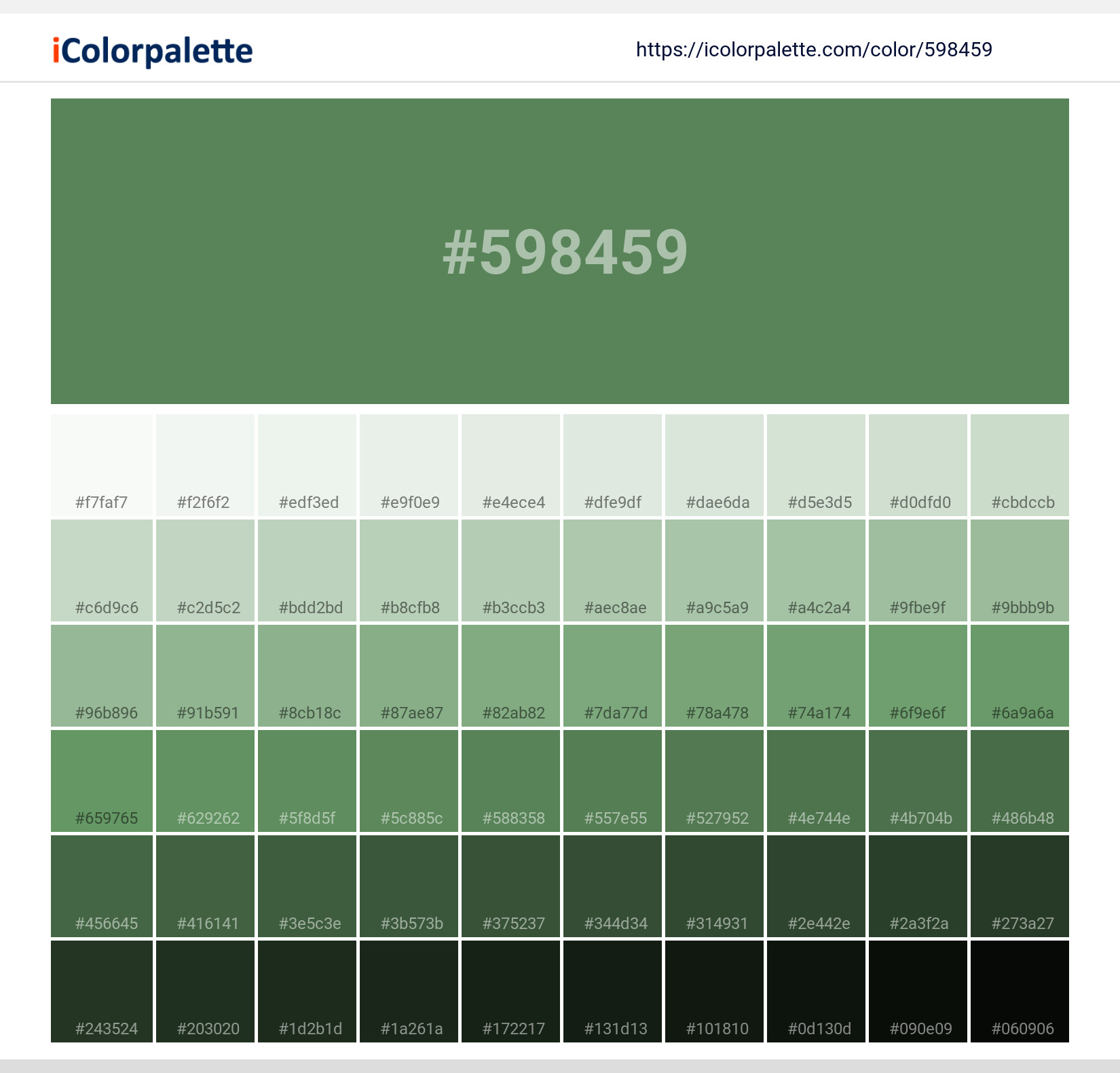 Explore a full range of light and dark shades for Pantone 17-6333 Tpg Mint Green Color | Hex color Code #598459. Perfect for finding the exact tint or tone for your artwork or UI design. #colorshades #colorinspiration #webdesign #598459