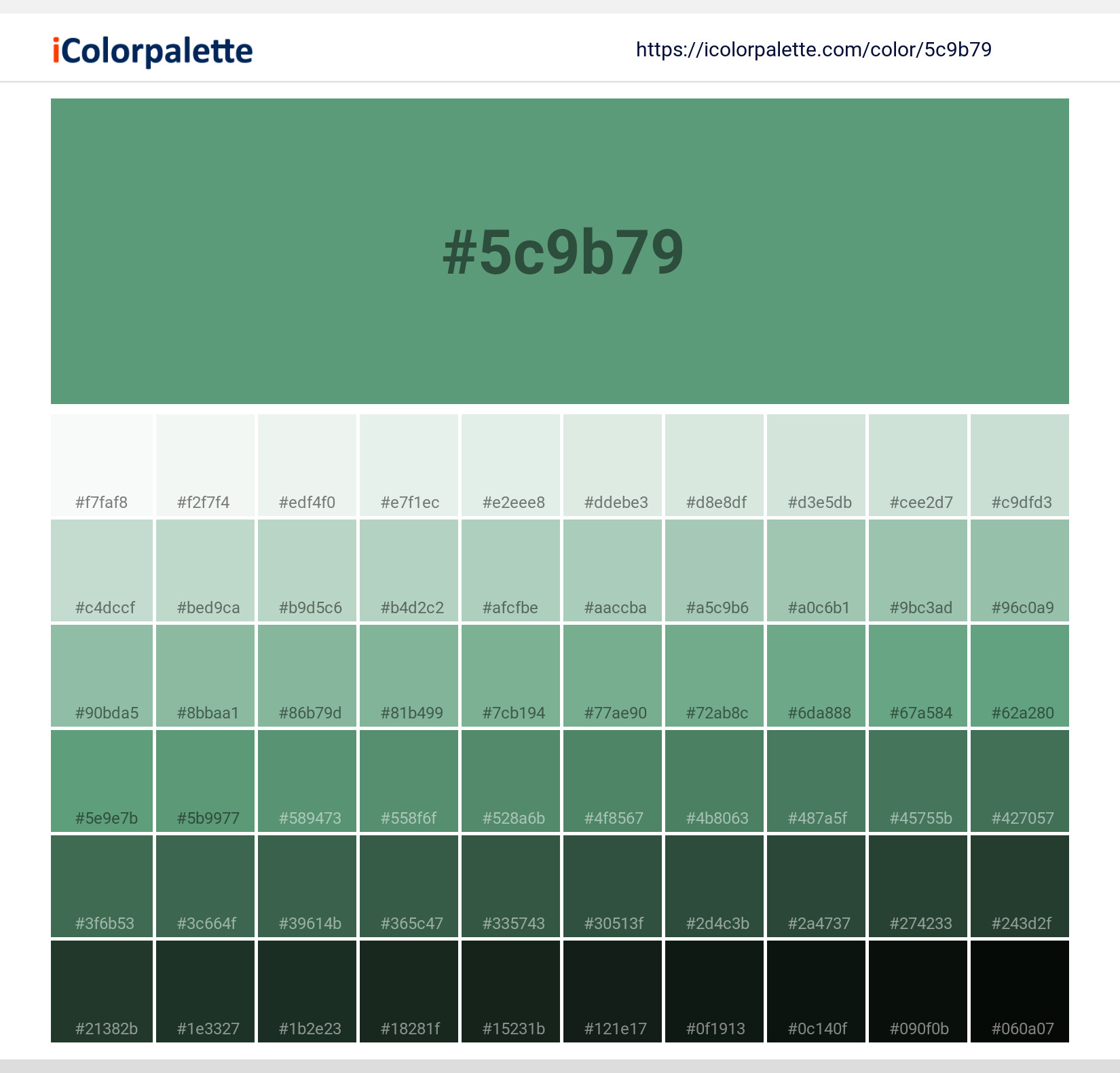 Explore a full range of light and dark shades for Pantone P 137-5 U Color | Hex color Code #5c9b79. Perfect for finding the exact tint or tone for your artwork or UI design. #colorshades #colorinspiration #webdesign #5c9b79
