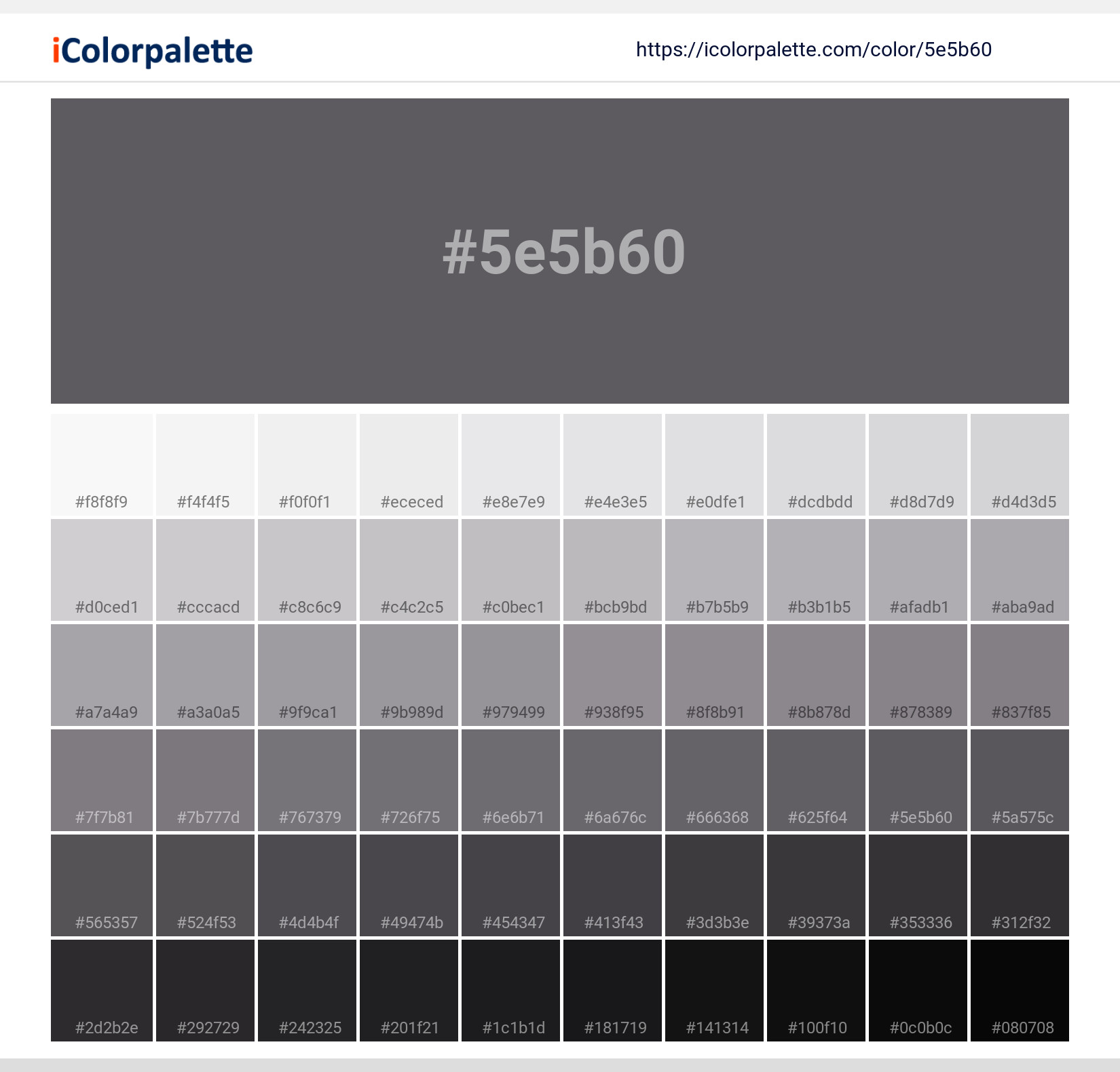 Explore a full range of light and dark shades for Pantone 18-3907 Tcx Tornado Color | Hex color Code #5e5b60. Perfect for finding the exact tint or tone for your artwork or UI design. #colorshades #colorinspiration #webdesign #5e5b60