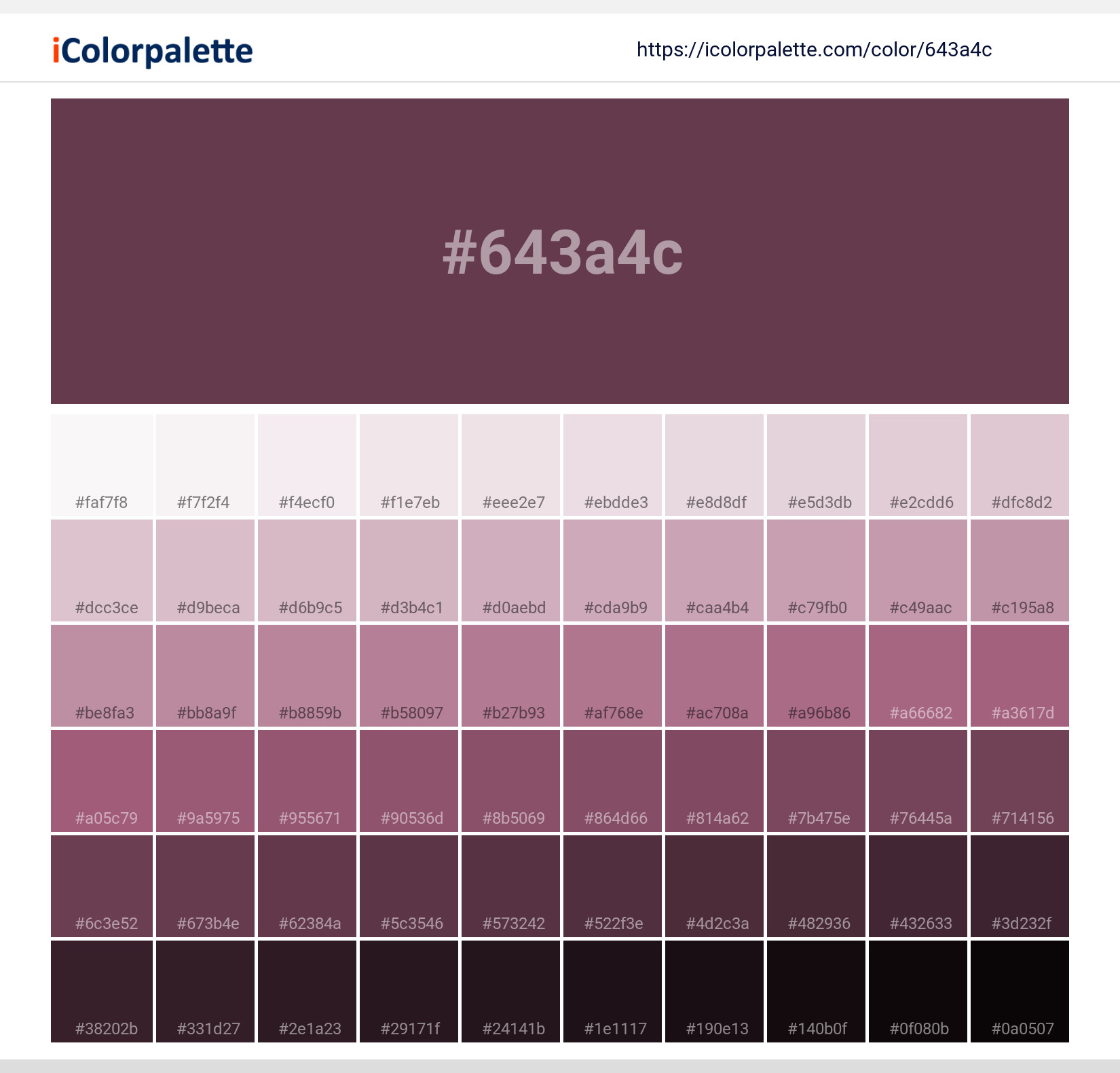 Explore a full range of light and dark shades for Pantone 19-2312 Tcx Crushed Violets Color | Hex color Code #643a4c. Perfect for finding the exact tint or tone for your artwork or UI design. #colorshades #colorinspiration #webdesign #643a4c