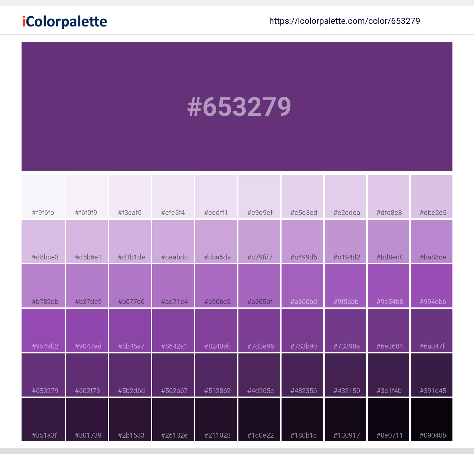 Explore a full range of light and dark shades for Pantone 7664 C Color | Hex color Code #653279. Perfect for finding the exact tint or tone for your artwork or UI design. #colorshades #colorinspiration #webdesign #653279