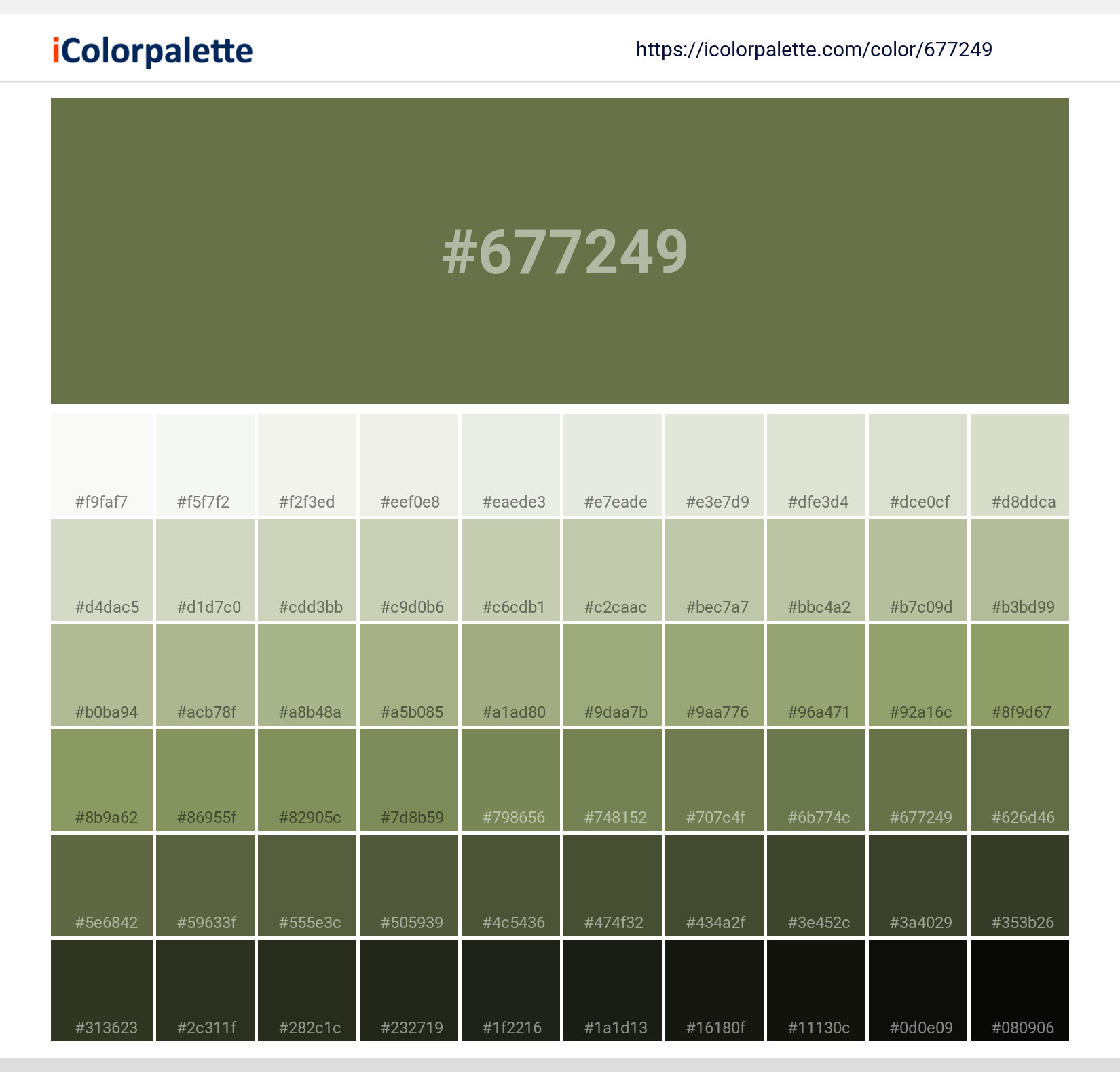 Explore a full range of light and dark shades for Pantone 18-0328 Tpg Cedar Green Color | Hex color Code #677249. Perfect for finding the exact tint or tone for your artwork or UI design. #colorshades #colorinspiration #webdesign #677249