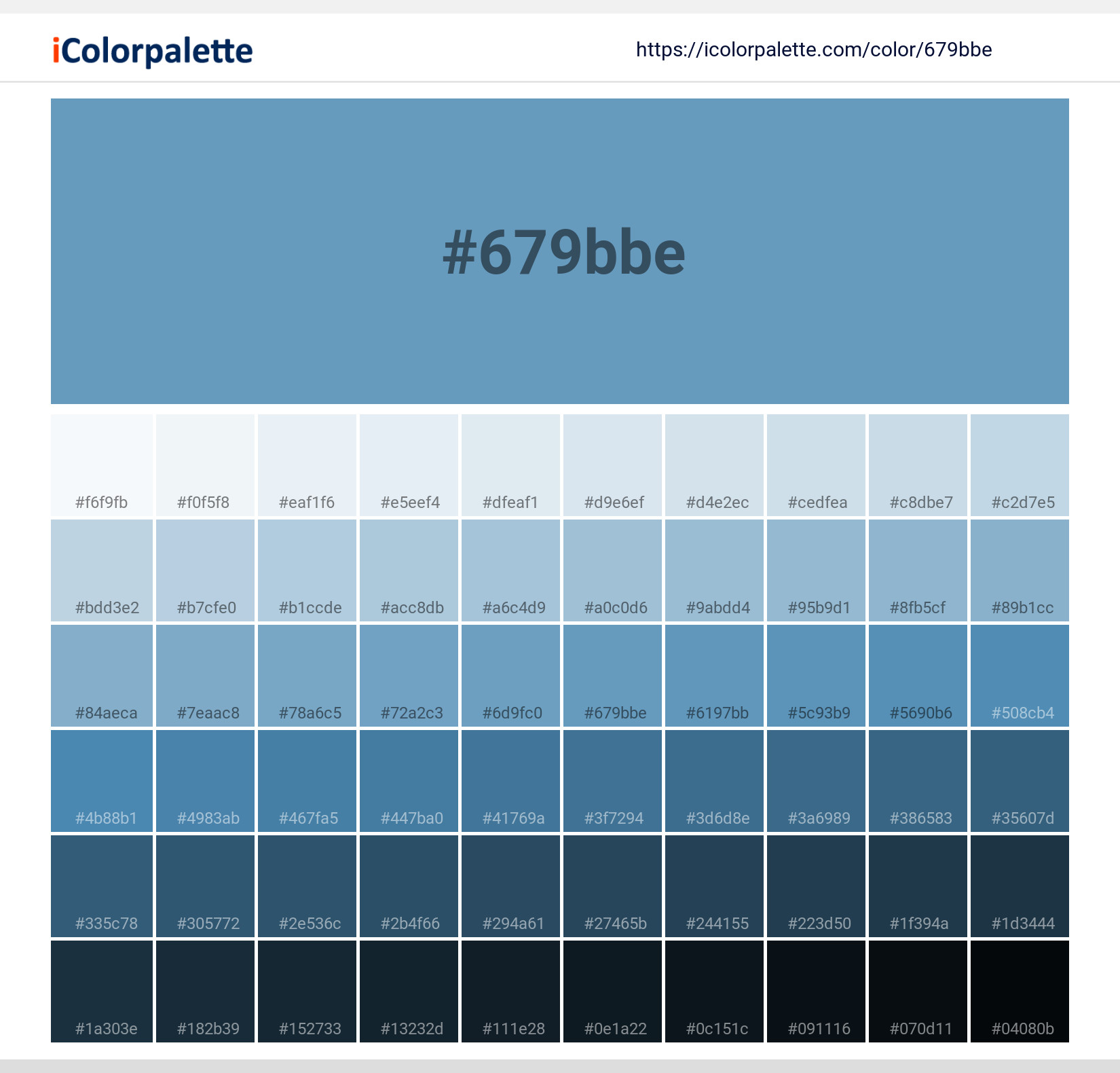 Explore a full range of light and dark shades for Pantone 16-4127 Tpg Heritage Blue Color | Hex color Code #679bbe. Perfect for finding the exact tint or tone for your artwork or UI design. #colorshades #colorinspiration #webdesign #679bbe