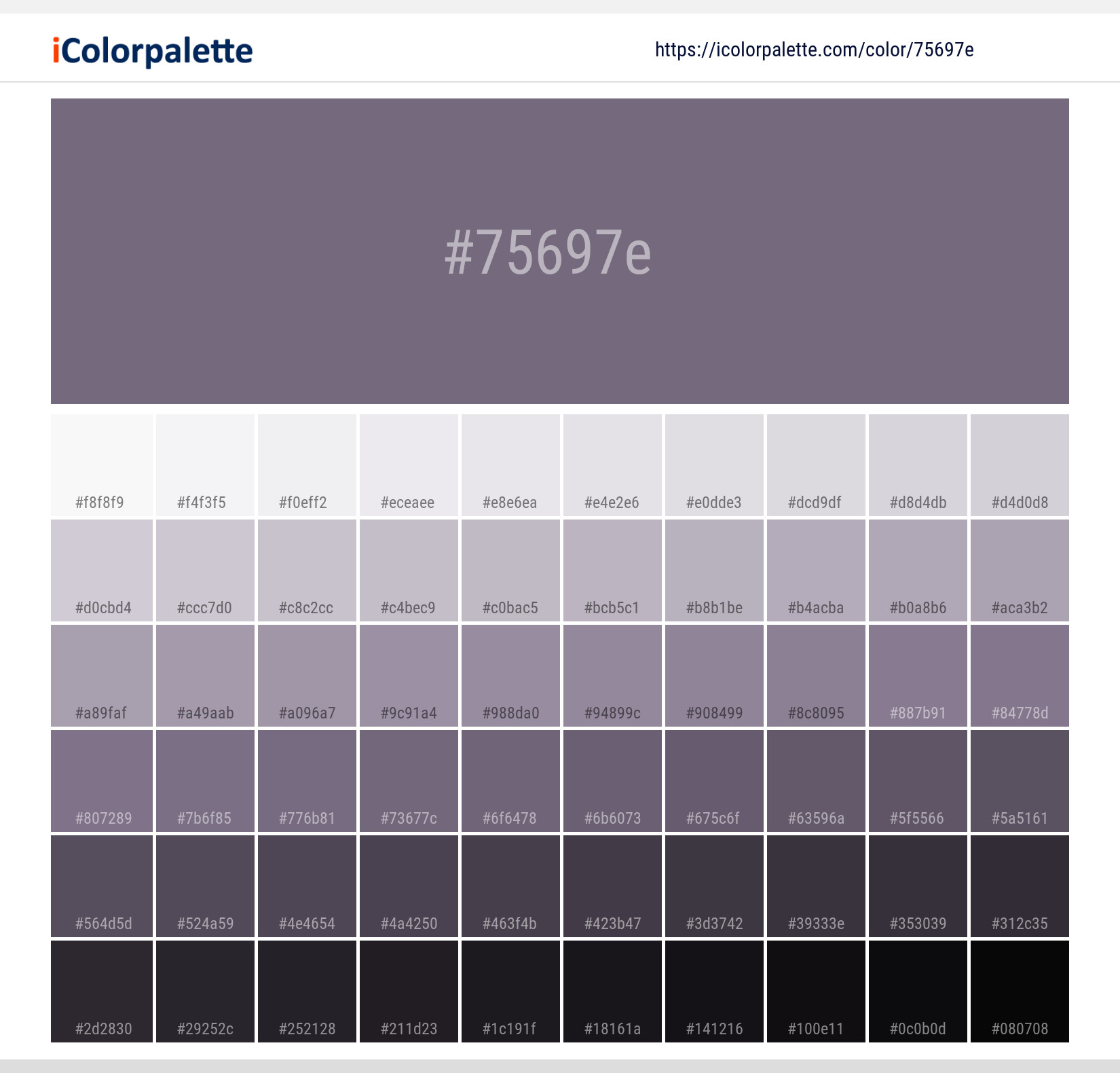 Explore a full range of light and dark shades for Pantone 18-3712 Tcx Purple Sage Color | Hex color Code #75697e. Perfect for finding the exact tint or tone for your artwork or UI design. #colorshades #colorinspiration #webdesign #75697e