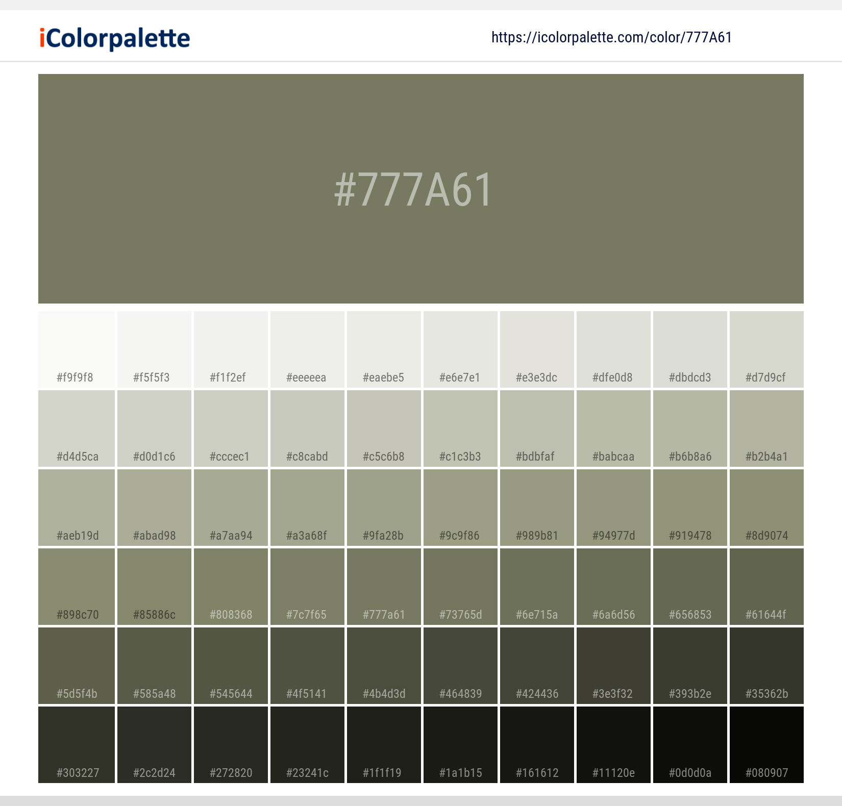 Explore a full range of light and dark shades for Pantone 7750 U Color | Hex color Code #777a61. Perfect for finding the exact tint or tone for your artwork or UI design. #colorshades #colorinspiration #webdesign #777a61