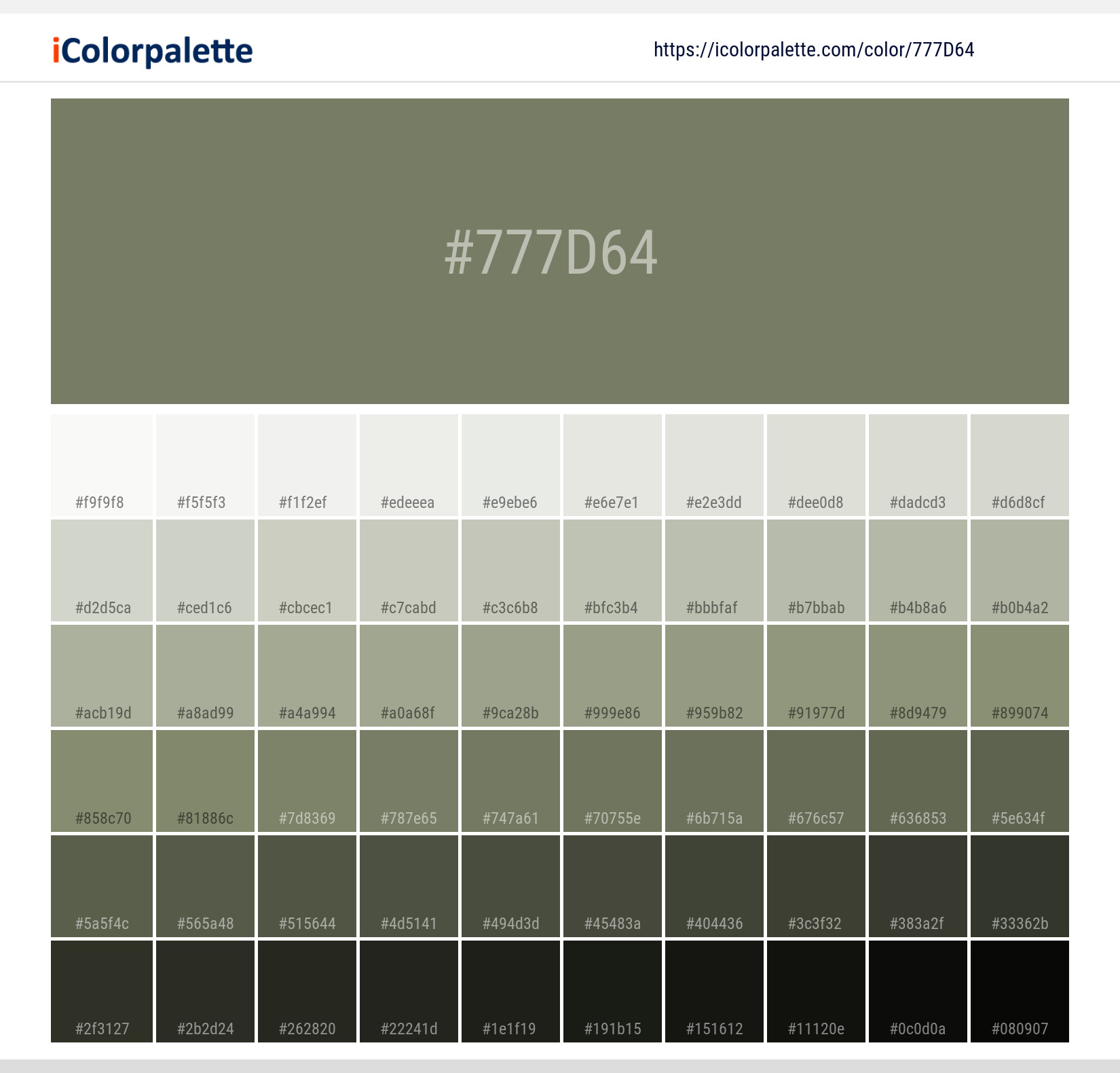Explore a full range of light and dark shades for Pantone 7498 U Color | Hex color Code #777d64. Perfect for finding the exact tint or tone for your artwork or UI design. #colorshades #colorinspiration #webdesign #777d64