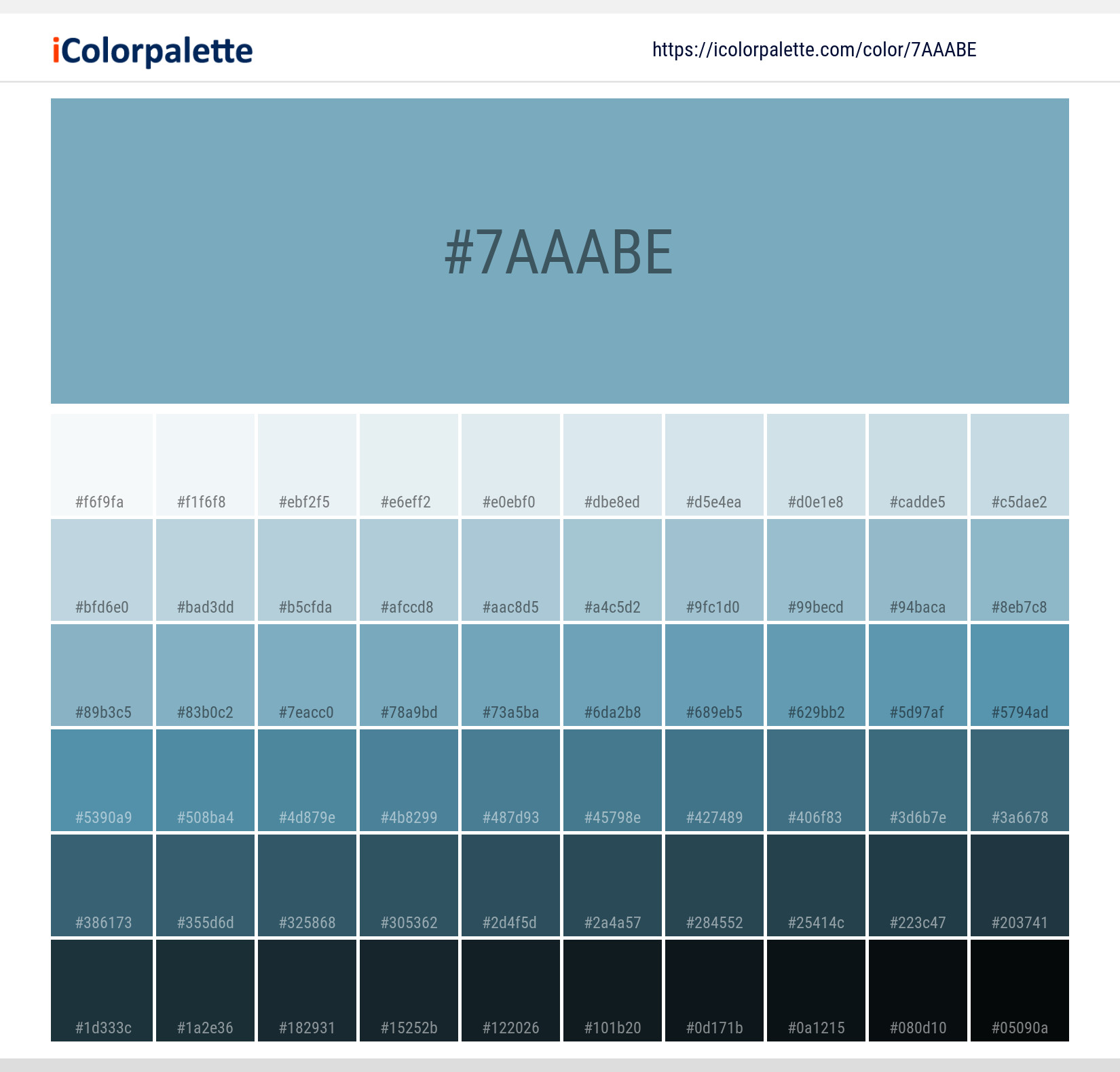 Explore a full range of light and dark shades for Pantone 550 U Color | Hex color Code #7aaabe. Perfect for finding the exact tint or tone for your artwork or UI design. #colorshades #colorinspiration #webdesign #7aaabe
