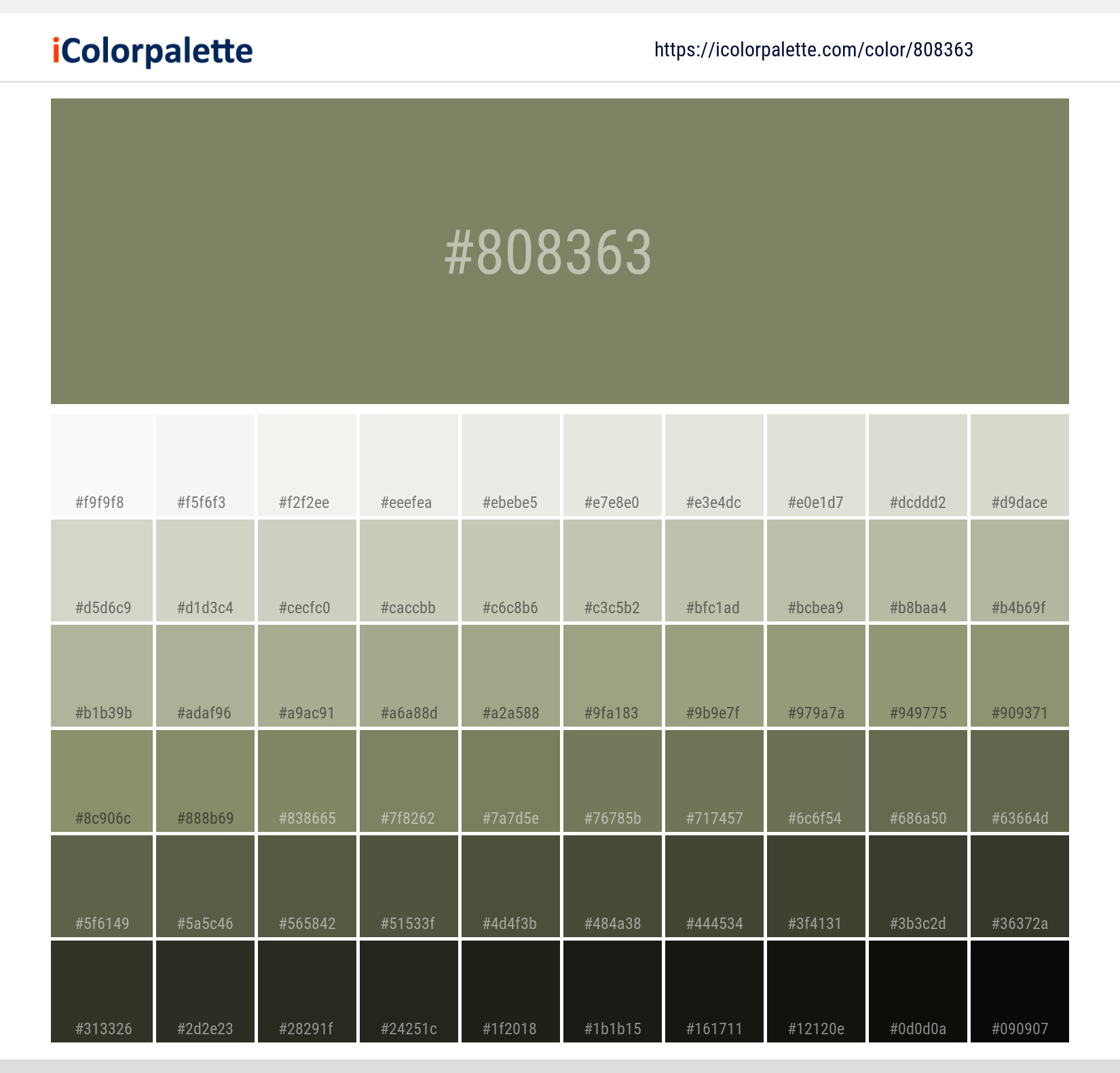 Explore a full range of light and dark shades for Pantone 7749 U Color | Hex color Code #808363. Perfect for finding the exact tint or tone for your artwork or UI design. #colorshades #colorinspiration #webdesign #808363