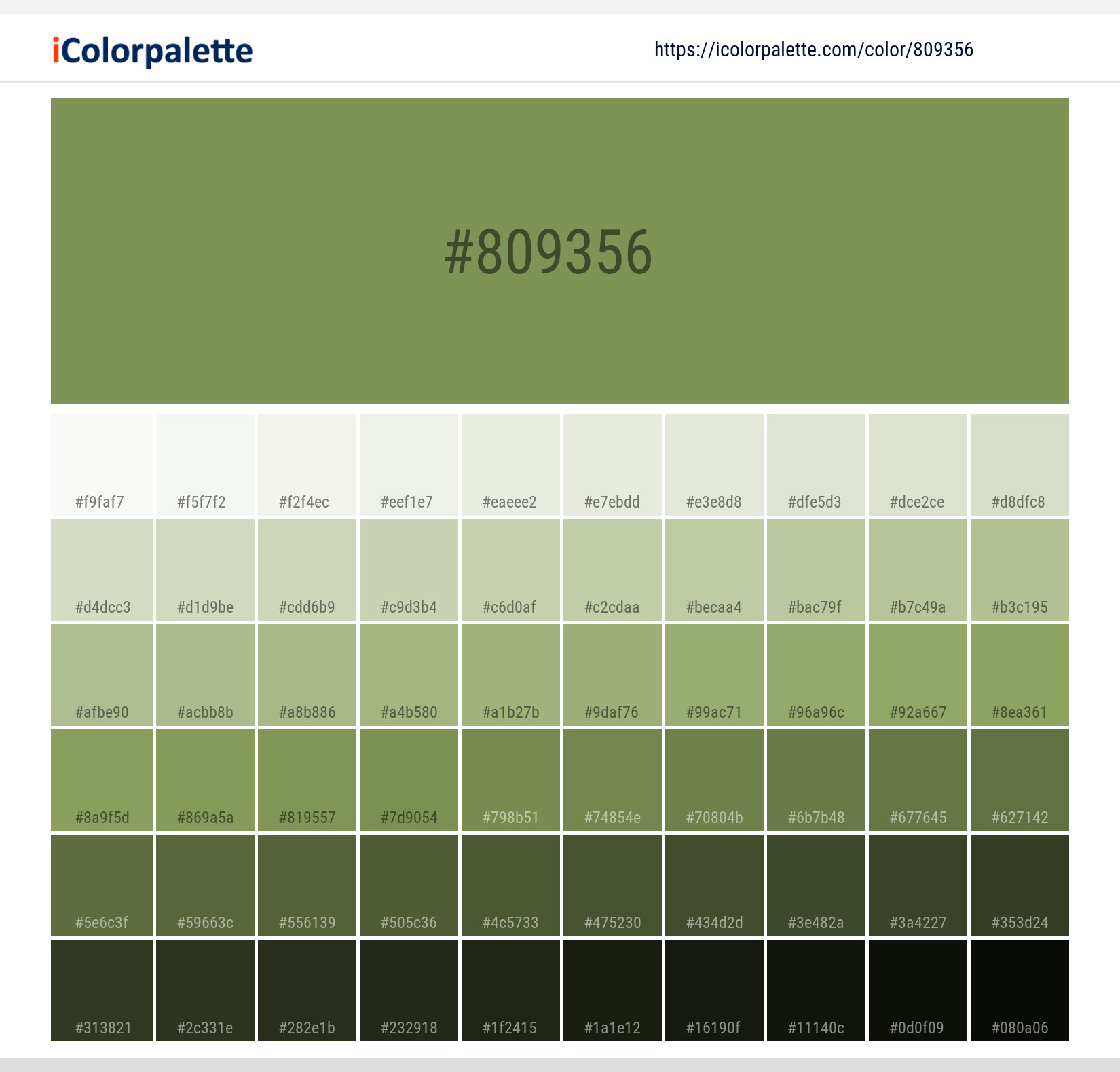 Explore a full range of light and dark shades for Pantone P 158-14 U Color | Hex color Code #809356. Perfect for finding the exact tint or tone for your artwork or UI design. #colorshades #colorinspiration #webdesign #809356
