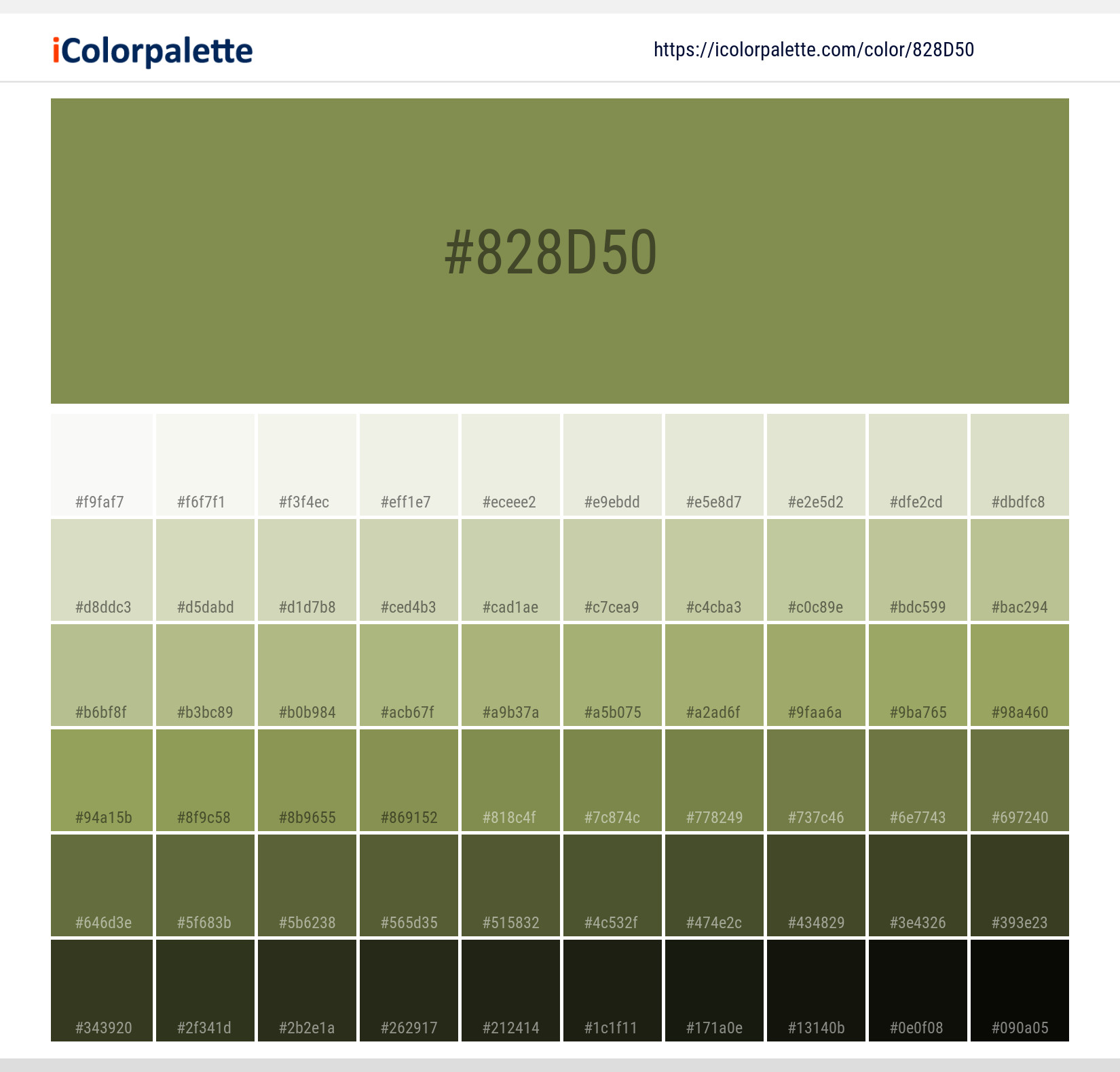 Explore a full range of light and dark shades for Pantone 2306 U Color | Hex color Code #828d50. Perfect for finding the exact tint or tone for your artwork or UI design. #colorshades #colorinspiration #webdesign #828d50