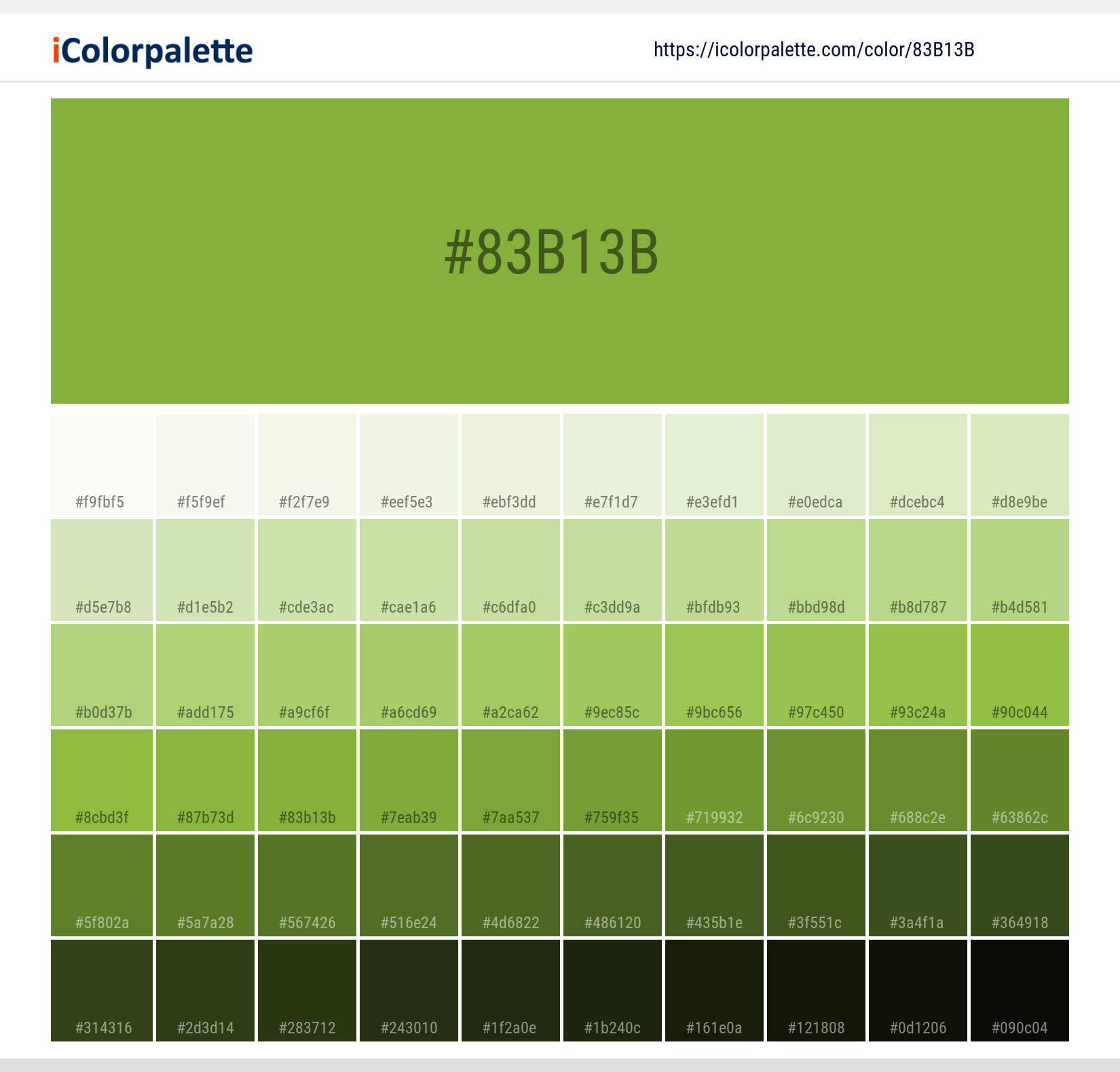 Explore a full range of light and dark shades for Pantone 2294 U Color | Hex color Code #83b13b. Perfect for finding the exact tint or tone for your artwork or UI design. #colorshades #colorinspiration #webdesign #83b13b