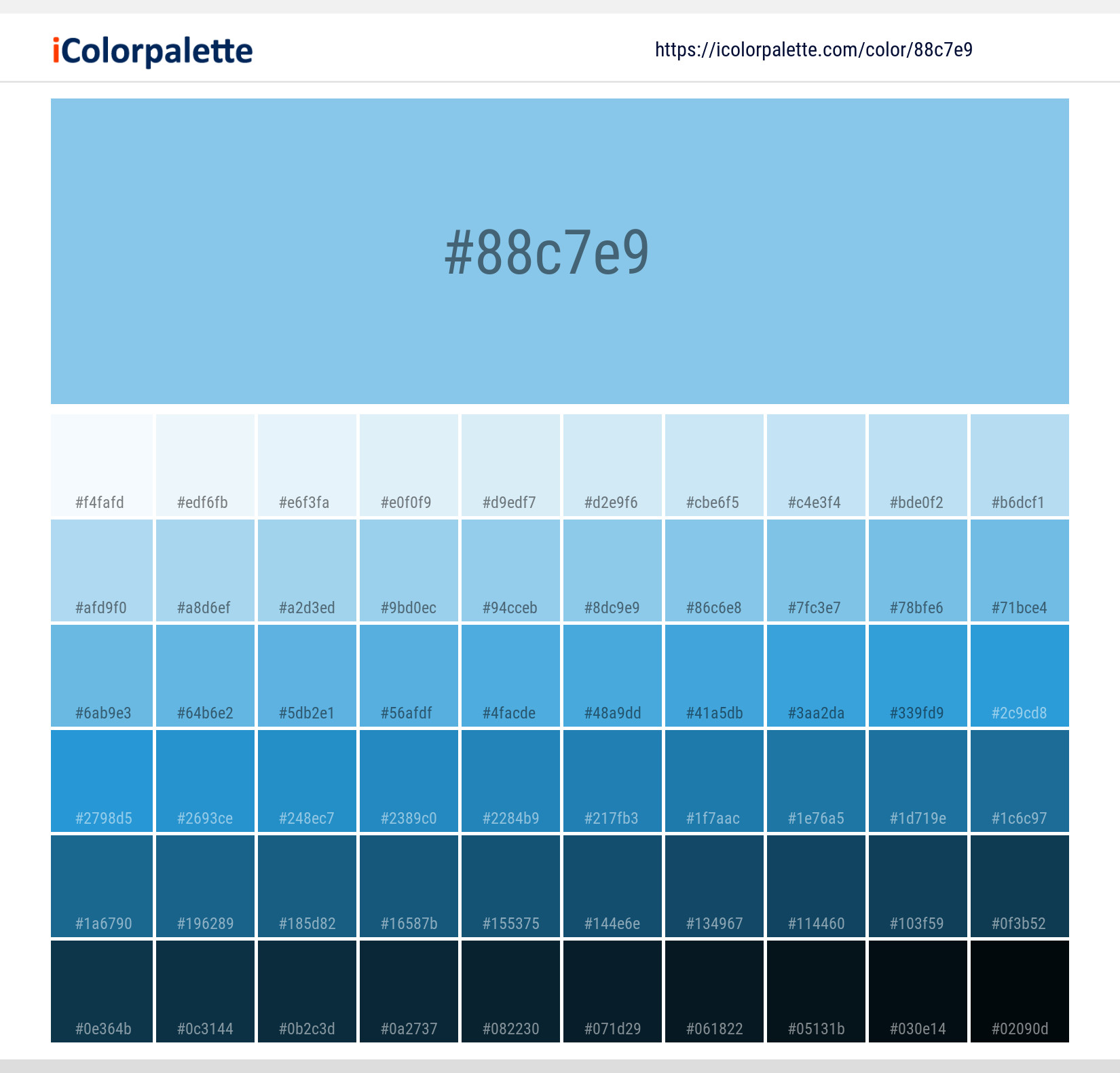 Explore a full range of light and dark shades for  Shimmer Color | Hex 88c7e9. Perfect for finding the exact tint or tone for your artwork or UI design. #colorshades #colorinspiration #webdesign #88c7e9
