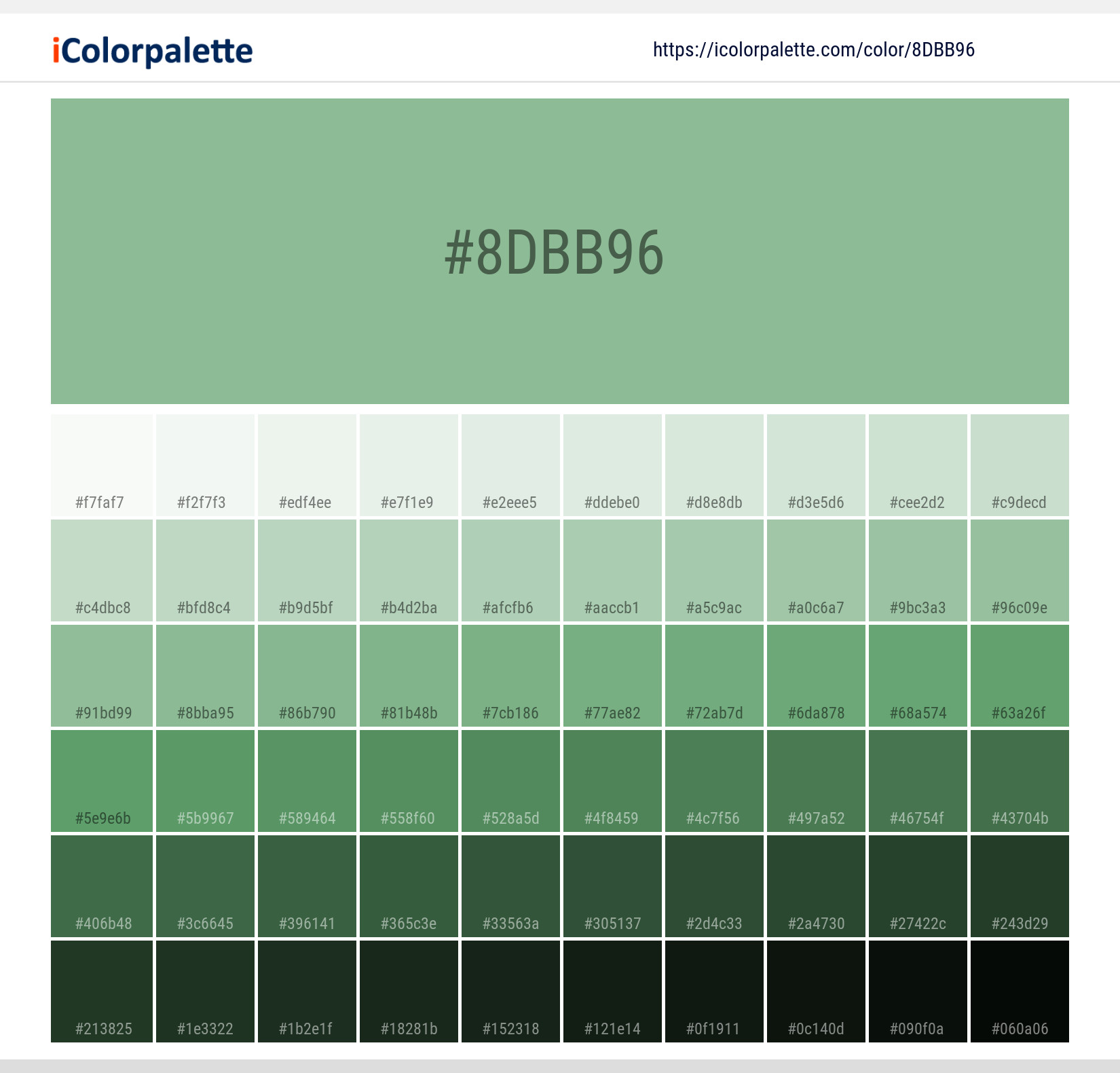 Explore a full range of light and dark shades for Pantone 14-6319 Tpg Meadow Color | Hex color Code #8dbb96. Perfect for finding the exact tint or tone for your artwork or UI design. #colorshades #colorinspiration #webdesign #8dbb96
