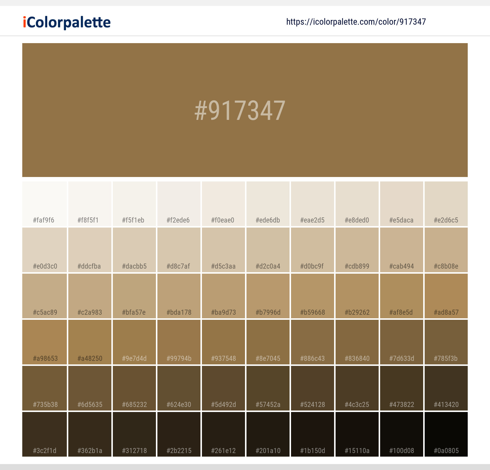 Explore a full range of light and dark shades for  Fallen Leaves Color | Hex 917347. Perfect for finding the exact tint or tone for your artwork or UI design. #colorshades #colorinspiration #webdesign #917347