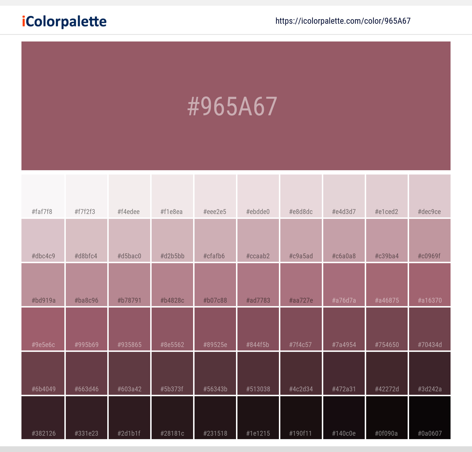 Explore a full range of light and dark shades for Pantone 17-1614 Tpx Deco Rose Color | Hex color Code #965a67. Perfect for finding the exact tint or tone for your artwork or UI design. #colorshades #colorinspiration #webdesign #965a67