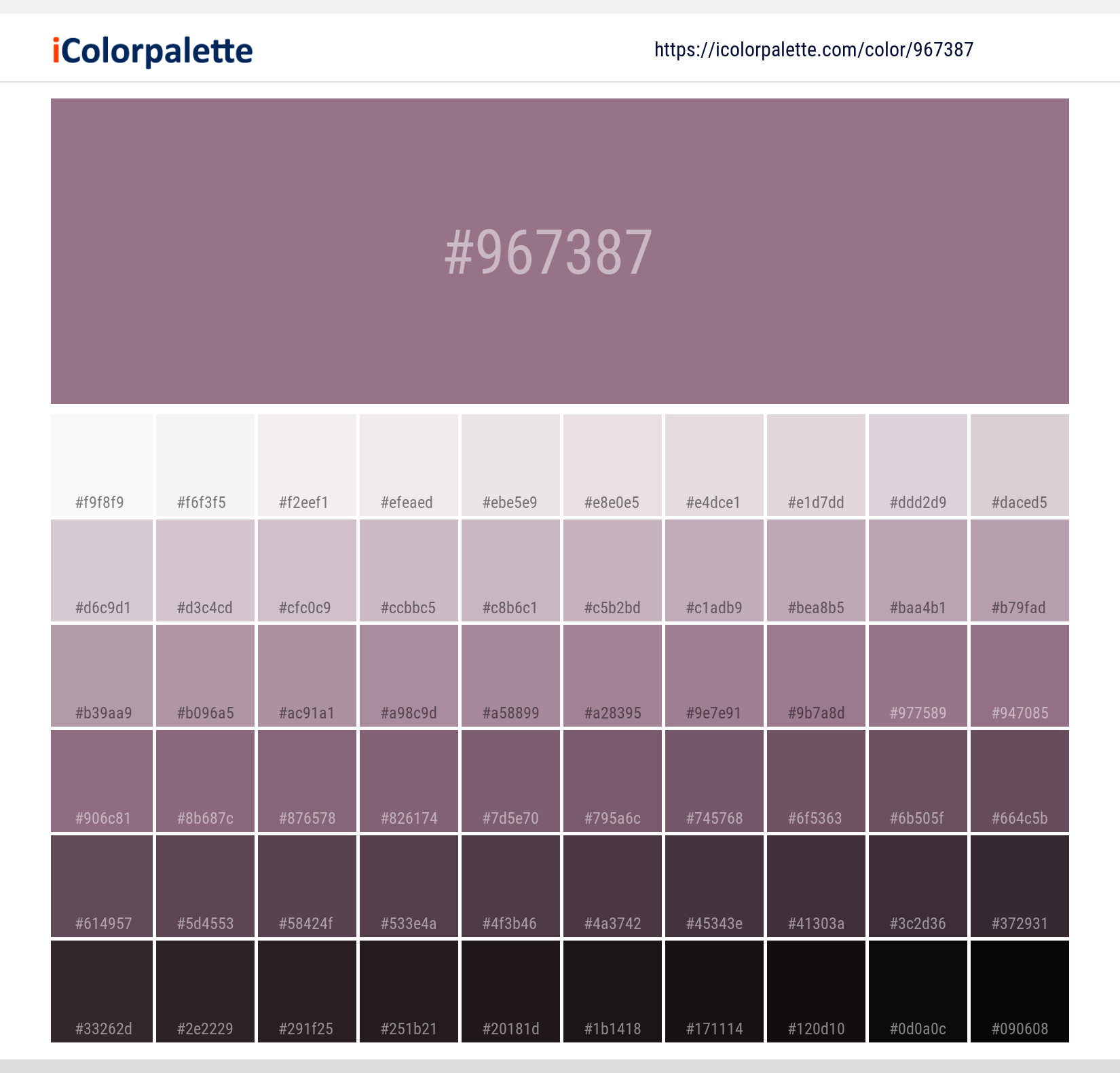 Explore a full range of light and dark shades for Pantone 2055 U Color | Hex color Code #967387. Perfect for finding the exact tint or tone for your artwork or UI design. #colorshades #colorinspiration #webdesign #967387