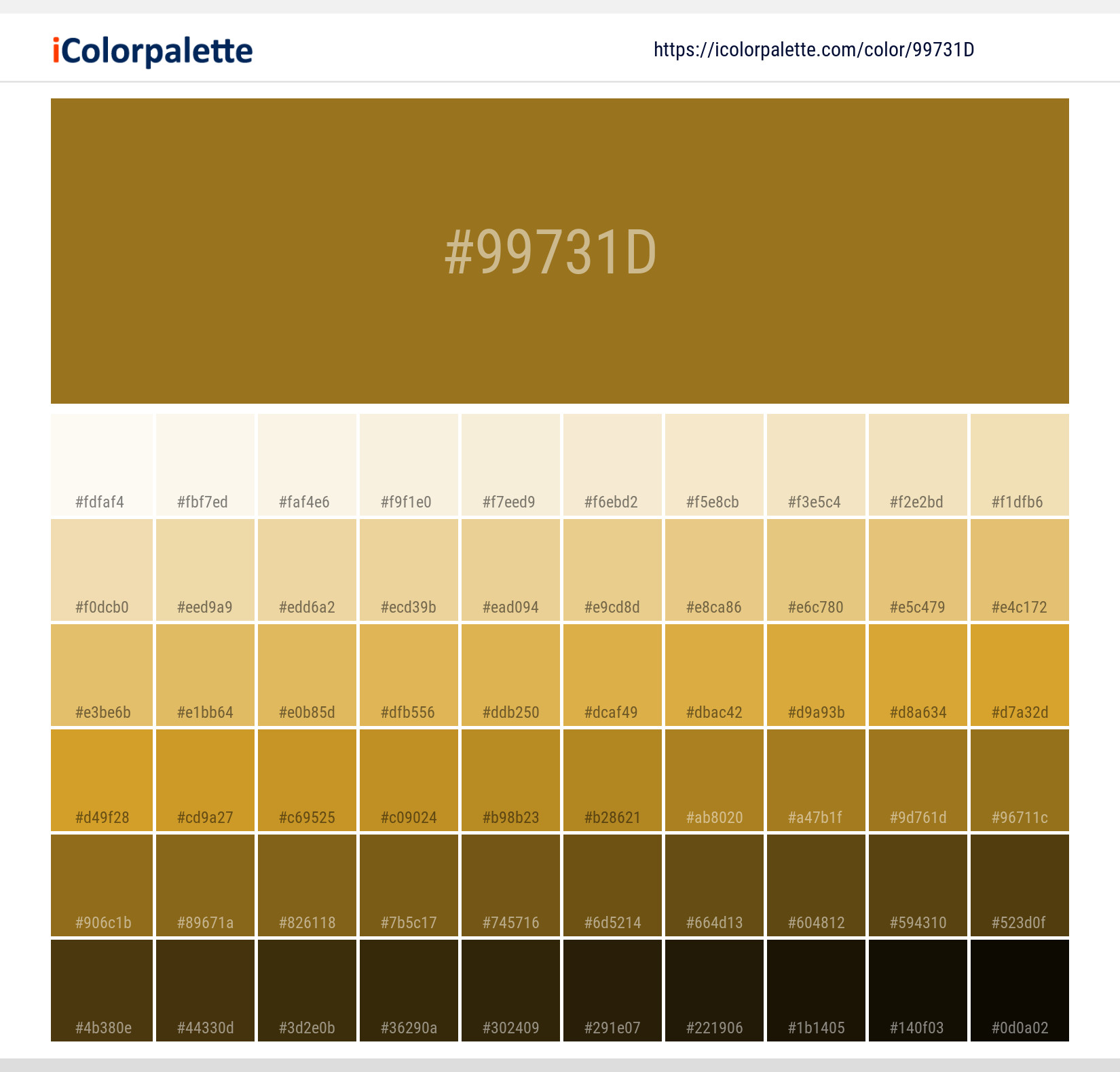 Explore a full range of light and dark shades for Pantone P 16-8 C Color | Hex color Code #99731d. Perfect for finding the exact tint or tone for your artwork or UI design. #colorshades #colorinspiration #webdesign #99731d