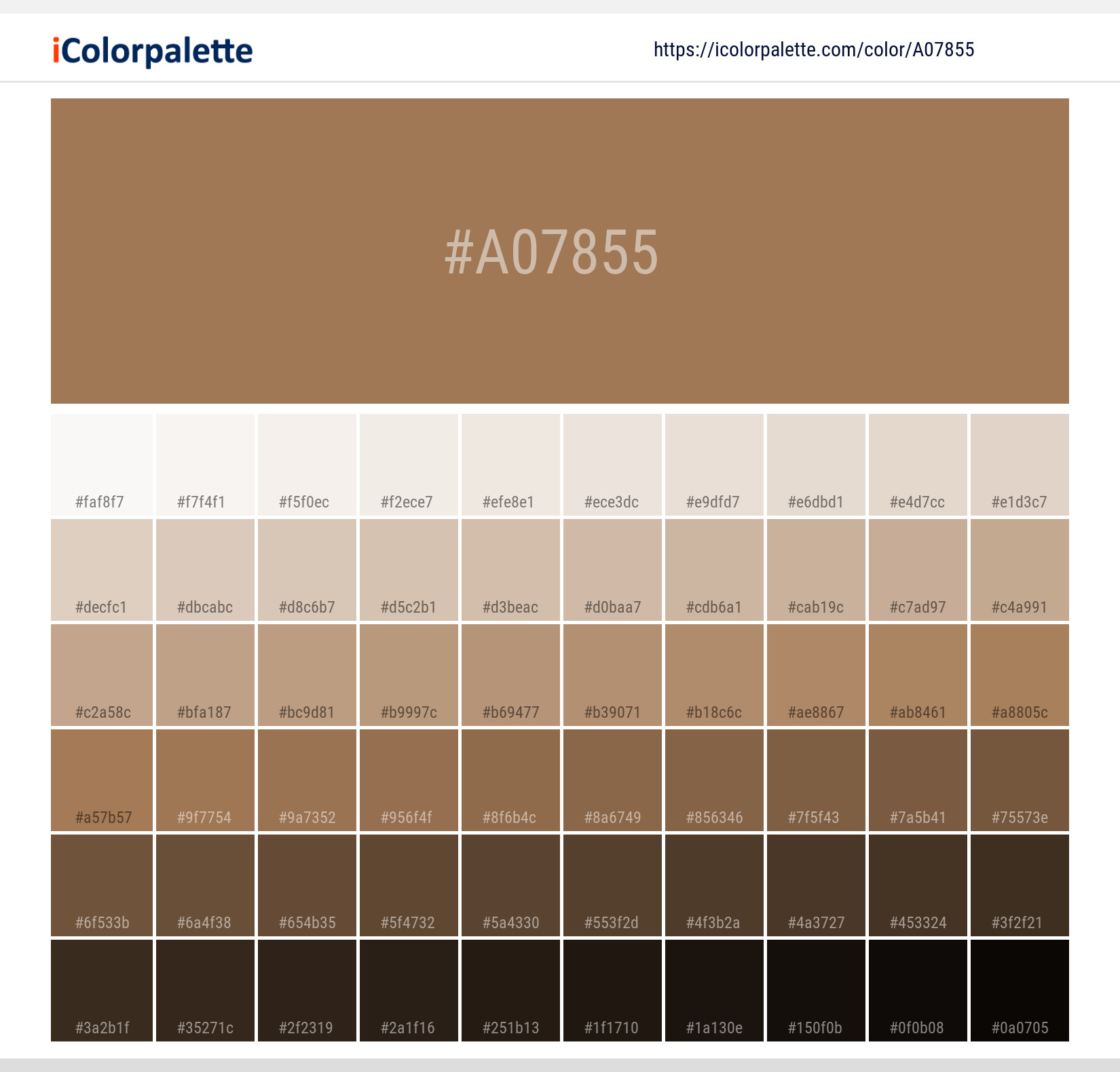 Explore a full range of light and dark shades for Pantone 17-1134 Tpg Brown Sugar Color | Hex color Code #a07855. Perfect for finding the exact tint or tone for your artwork or UI design. #colorshades #colorinspiration #webdesign #a07855