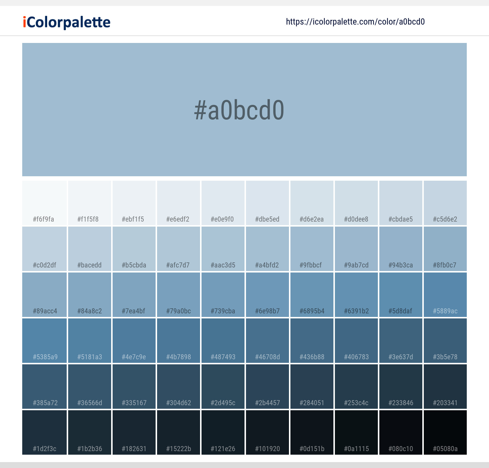 Explore a full range of light and dark shades for Pantone 15-4005 Tcx Dream Blue Color | Hex color Code #a0bcd0. Perfect for finding the exact tint or tone for your artwork or UI design. #colorshades #colorinspiration #webdesign #a0bcd0