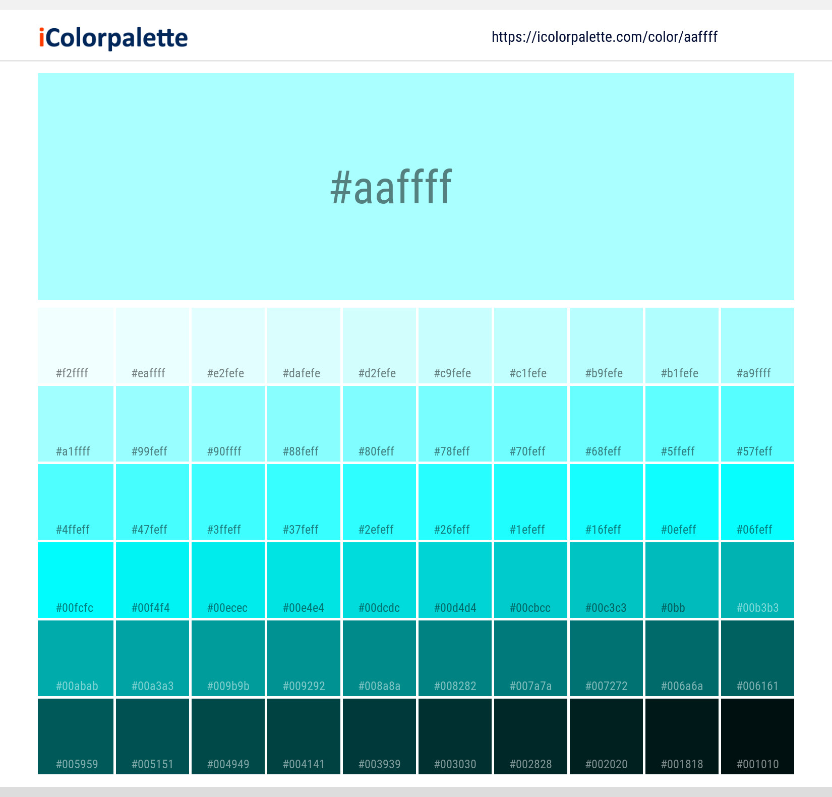 Explore a full range of light and dark shades for  Affen Turquoise Color | Hex aaffff. Perfect for finding the exact tint or tone for your artwork or UI design. #colorshades #colorinspiration #webdesign #aaffff