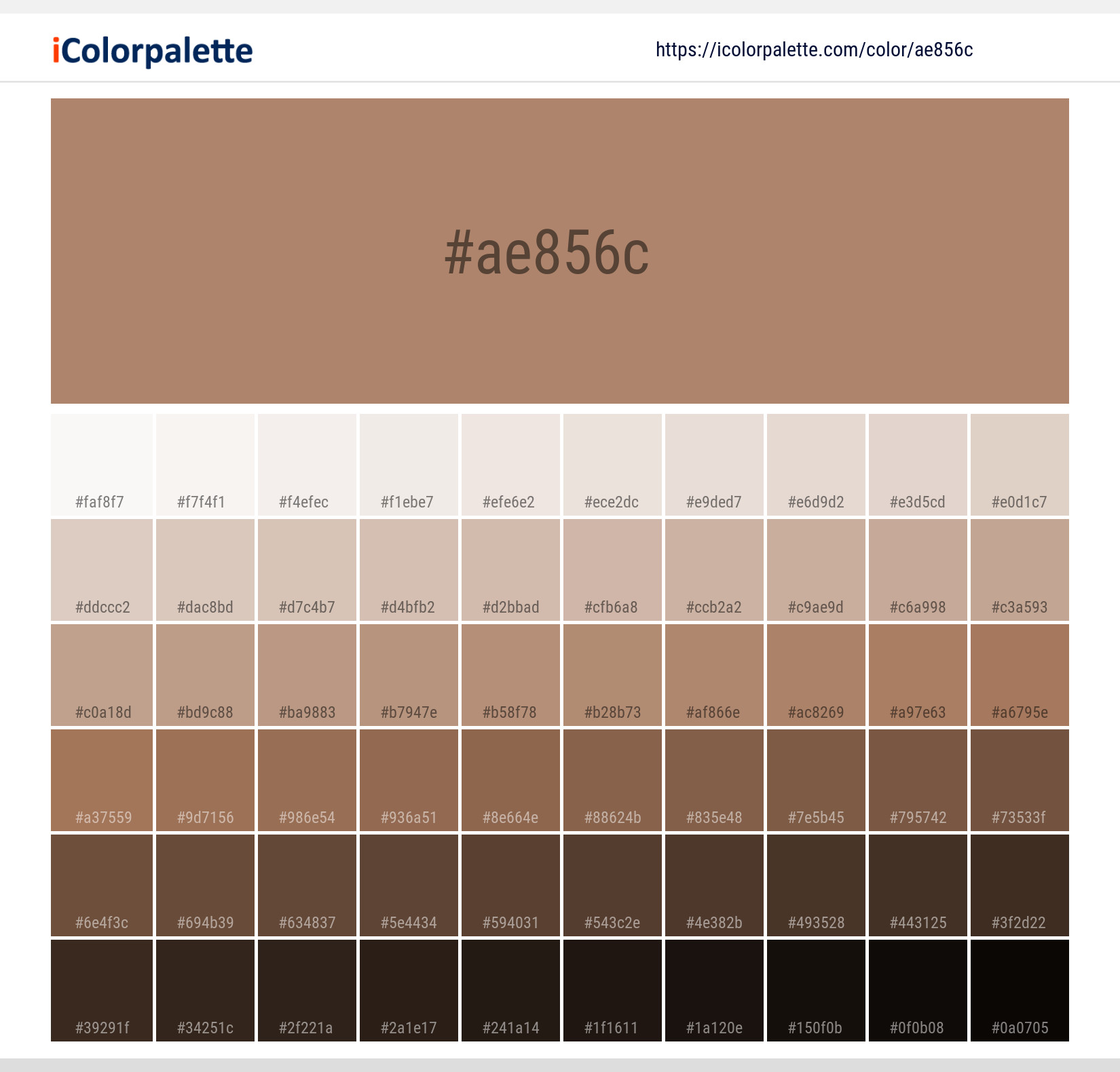 Explore a full range of light and dark shades for Pantone 17-1225 Tcx Tawny Birch Color | Hex color Code #ae856c. Perfect for finding the exact tint or tone for your artwork or UI design. #colorshades #colorinspiration #webdesign #ae856c
