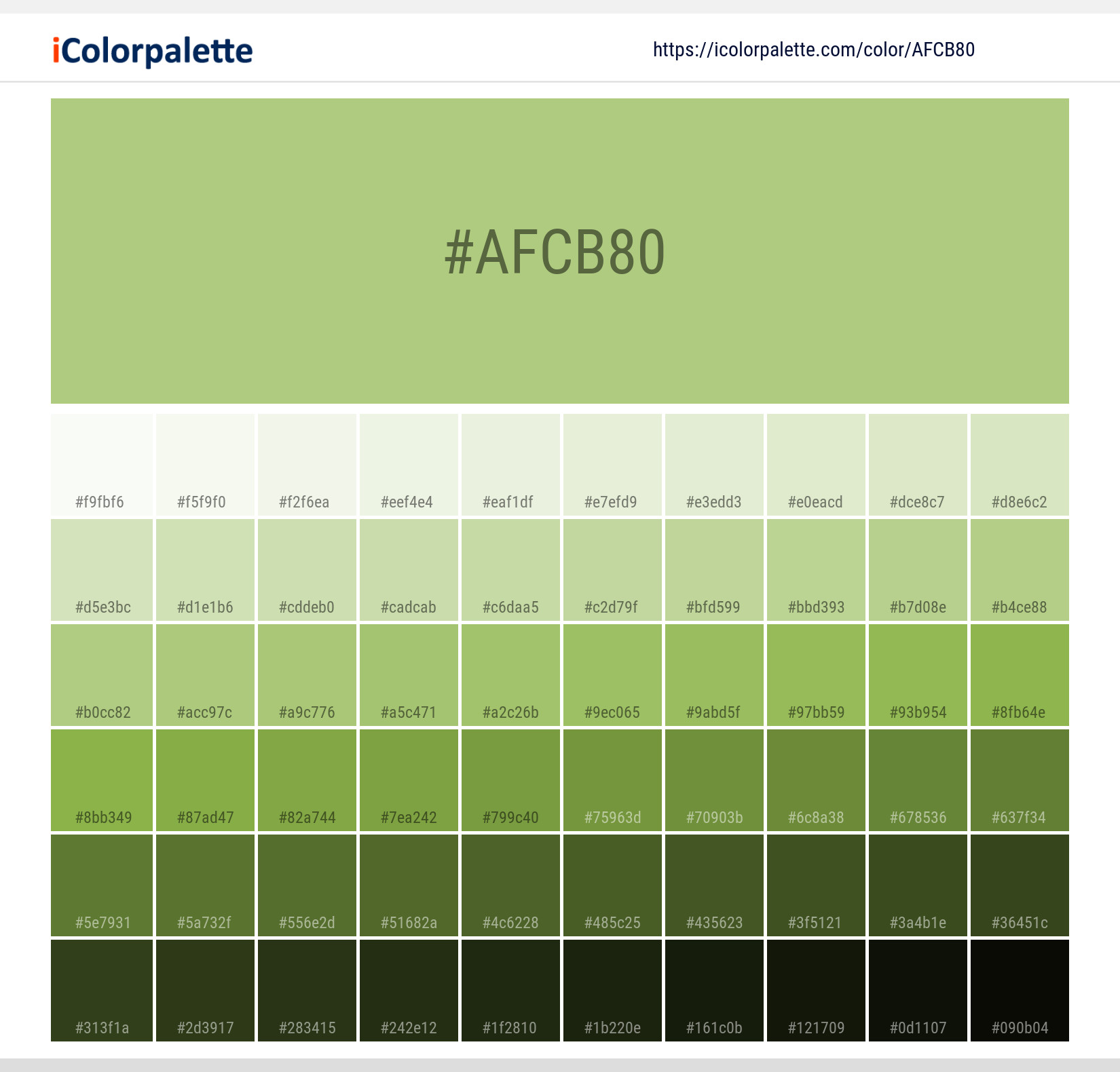 Explore a full range of light and dark shades for Pantone 13-0331 Tcx Sap Green Color | Hex color Code #afcb80. Perfect for finding the exact tint or tone for your artwork or UI design. #colorshades #colorinspiration #webdesign #afcb80