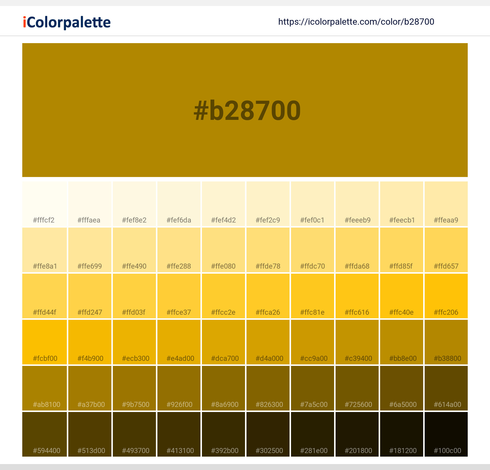 Explore a full range of light and dark shades for  Kenyan Sand (similar) Color | Hex b28700. Perfect for finding the exact tint or tone for your artwork or UI design. #colorshades #colorinspiration #webdesign #b28700