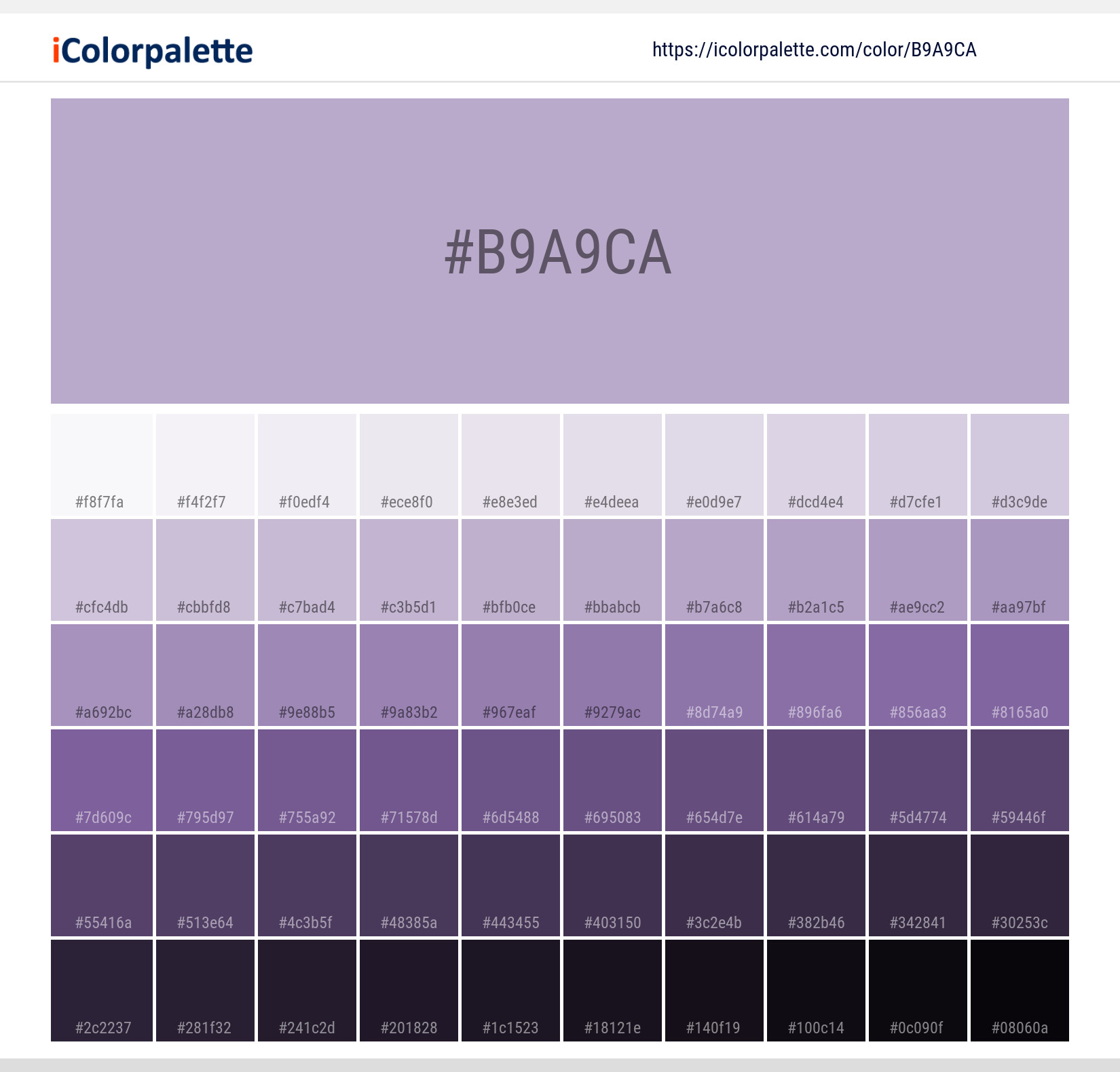 Explore a full range of light and dark shades for Pantone P 96-2 C Color | Hex color Code #b9a9ca. Perfect for finding the exact tint or tone for your artwork or UI design. #colorshades #colorinspiration #webdesign #b9a9ca