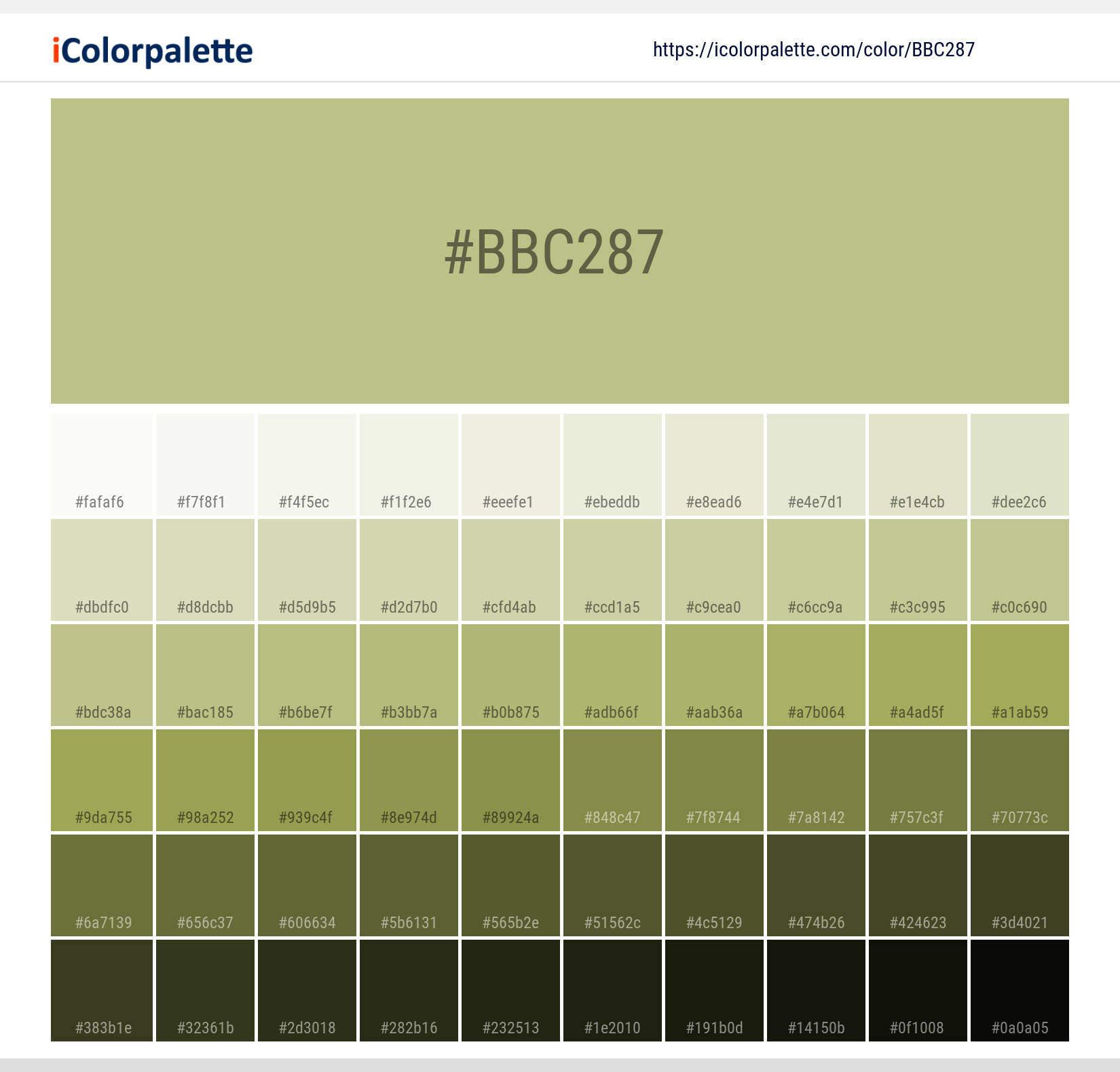 Explore a full range of light and dark shades for Pantone P 161-11 C Color | Hex color Code #bbc287. Perfect for finding the exact tint or tone for your artwork or UI design. #colorshades #colorinspiration #webdesign #bbc287