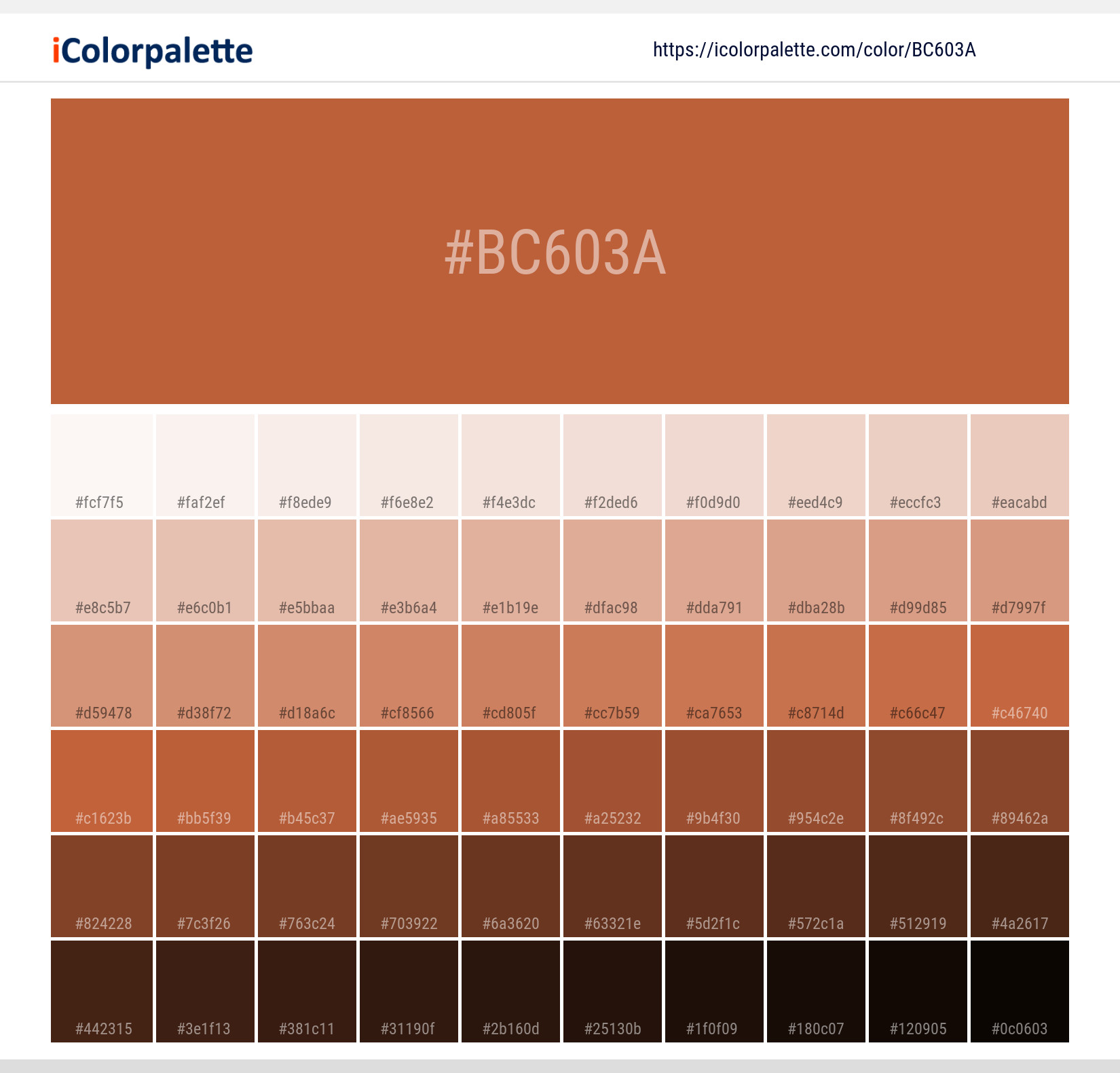 Explore a full range of light and dark shades for Pantone 16-1449 Tpg Gold Flame Color | Hex color Code #bc603a. Perfect for finding the exact tint or tone for your artwork or UI design. #colorshades #colorinspiration #webdesign #bc603a