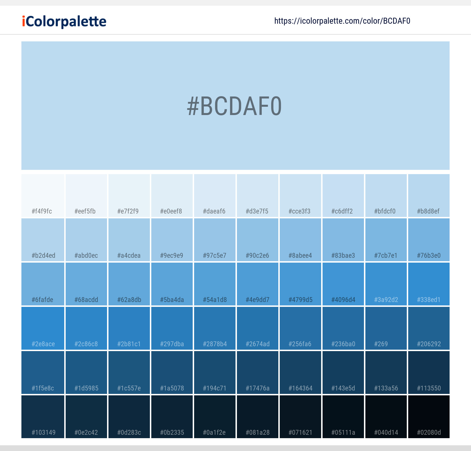 Explore a full range of light and dark shades for Pantone 9420 U Color | Hex color Code #bcdaf0. Perfect for finding the exact tint or tone for your artwork or UI design. #colorshades #colorinspiration #webdesign #bcdaf0